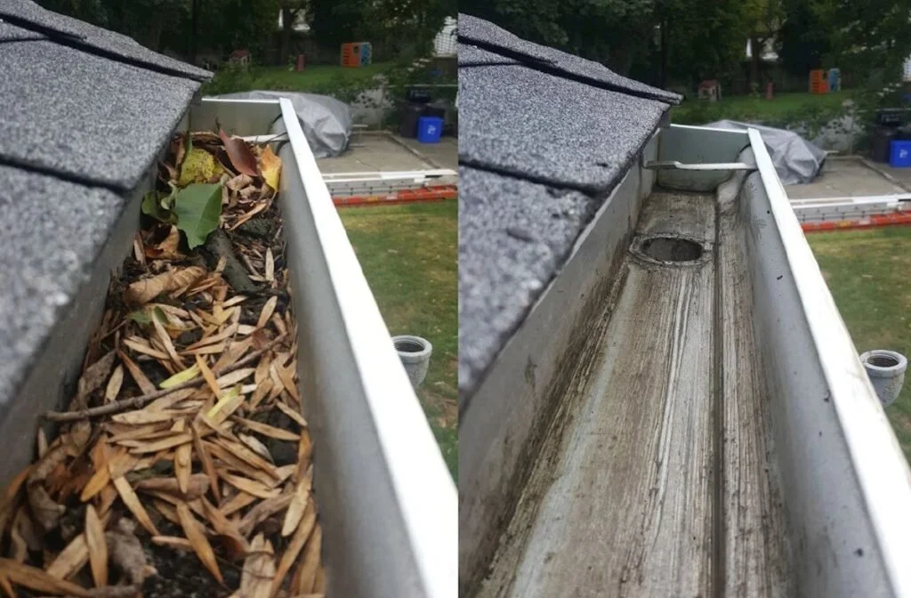 Before and after images of a gutter. The left shows a gutter filled with leaves and debris, and the right shows a cleaned, cleared gutter.