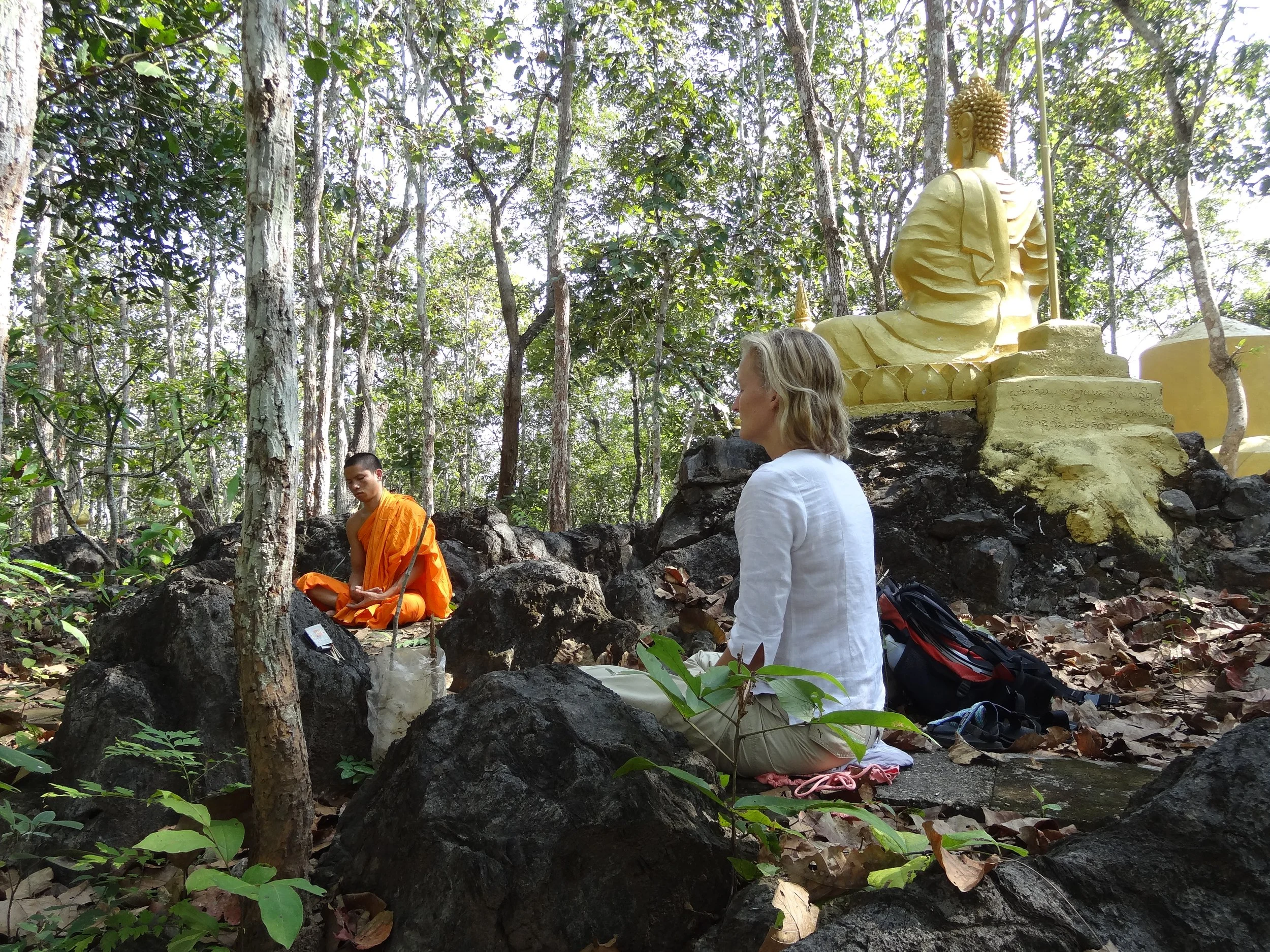 Eine Frau sitzt im Wald, im Hintergrund sitzt ein buddhistischer Mönch in Orange vor einer goldfarbenen Buddha-Statue.