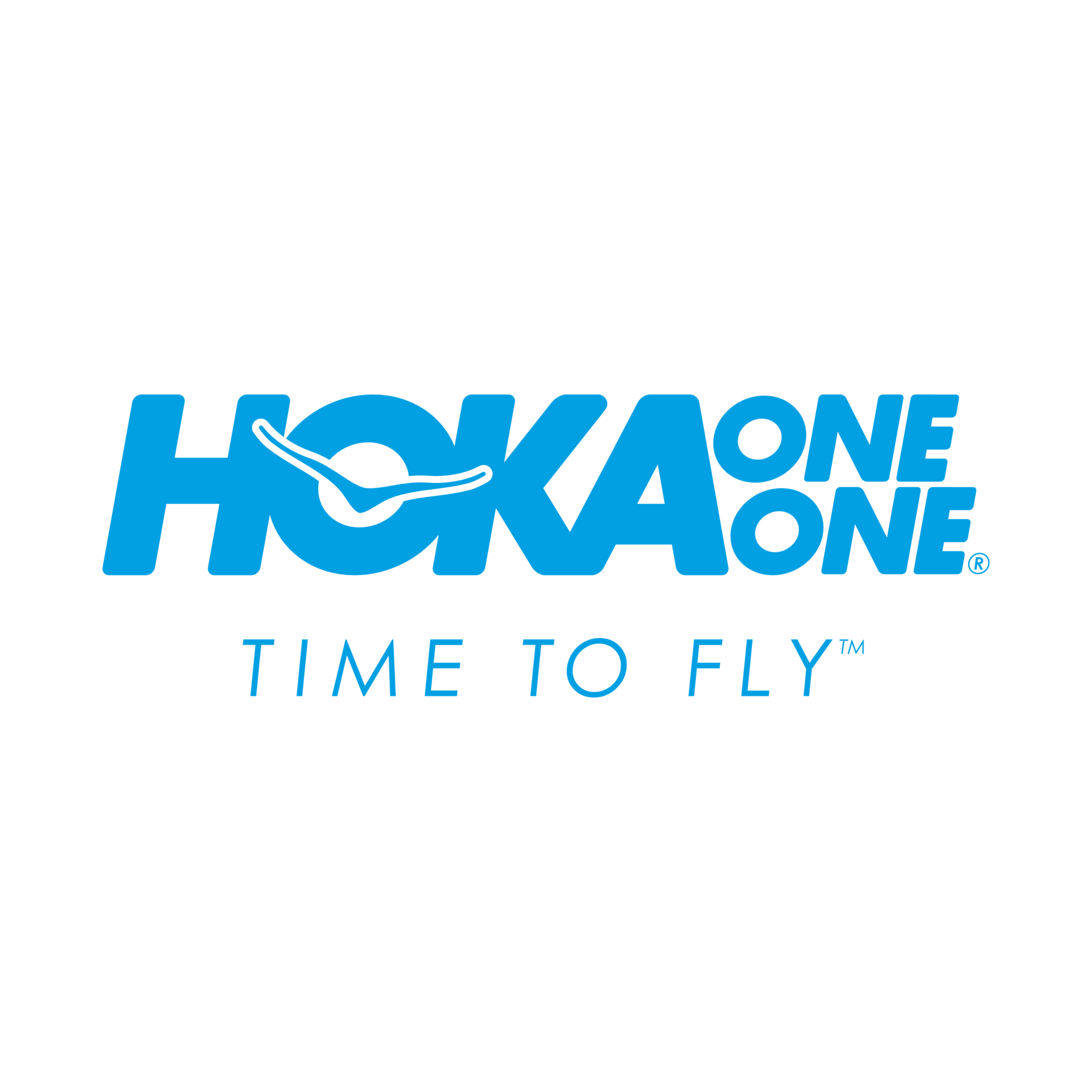 Hoka One One logo in blue with a hiker's shoe and the tagline "Time to Fly".