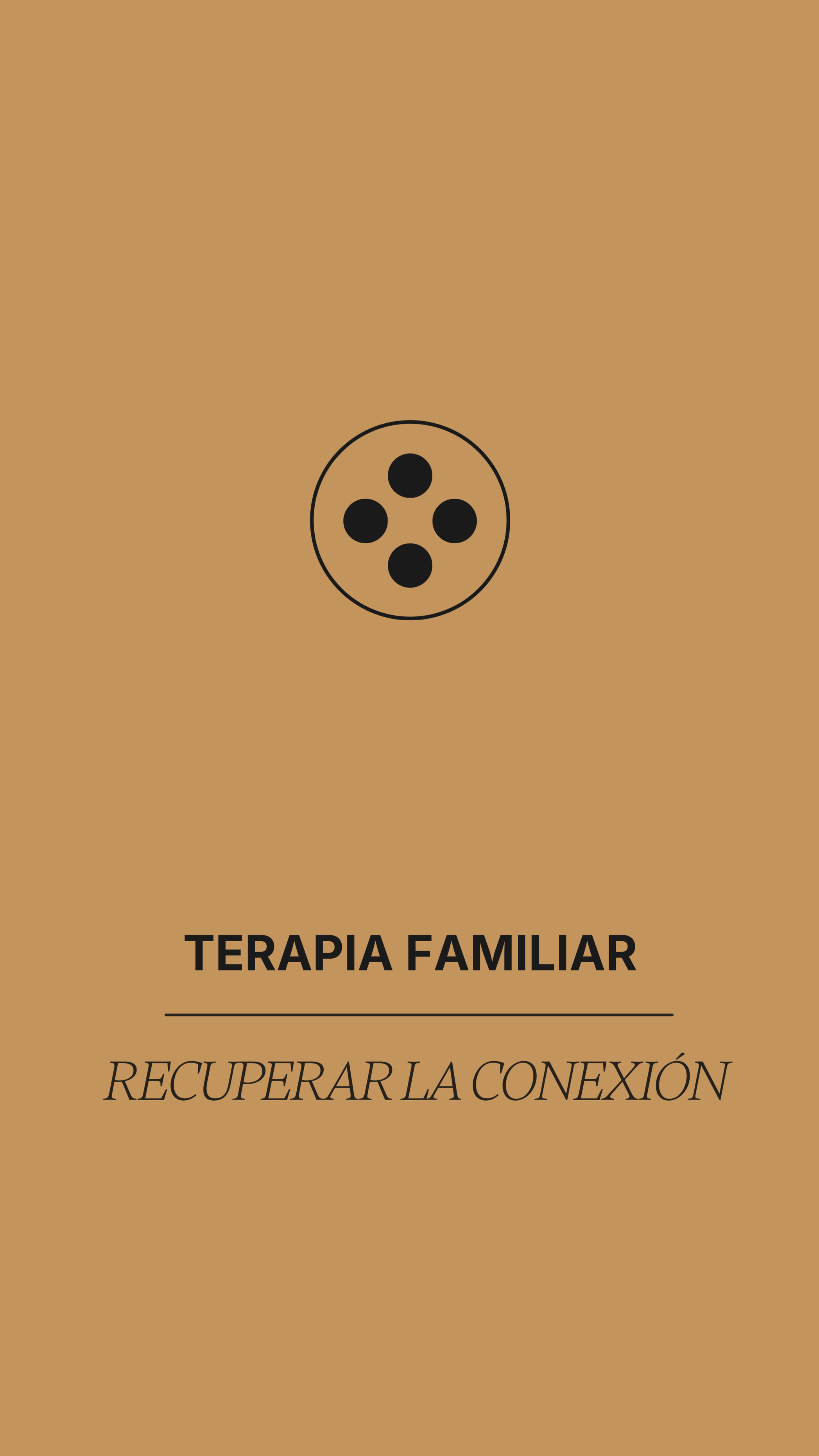 Folleto con icono de cinco puntos en un círculo y texto que dice 'Terapia Familiar' y 'Recuperar la Conexión'