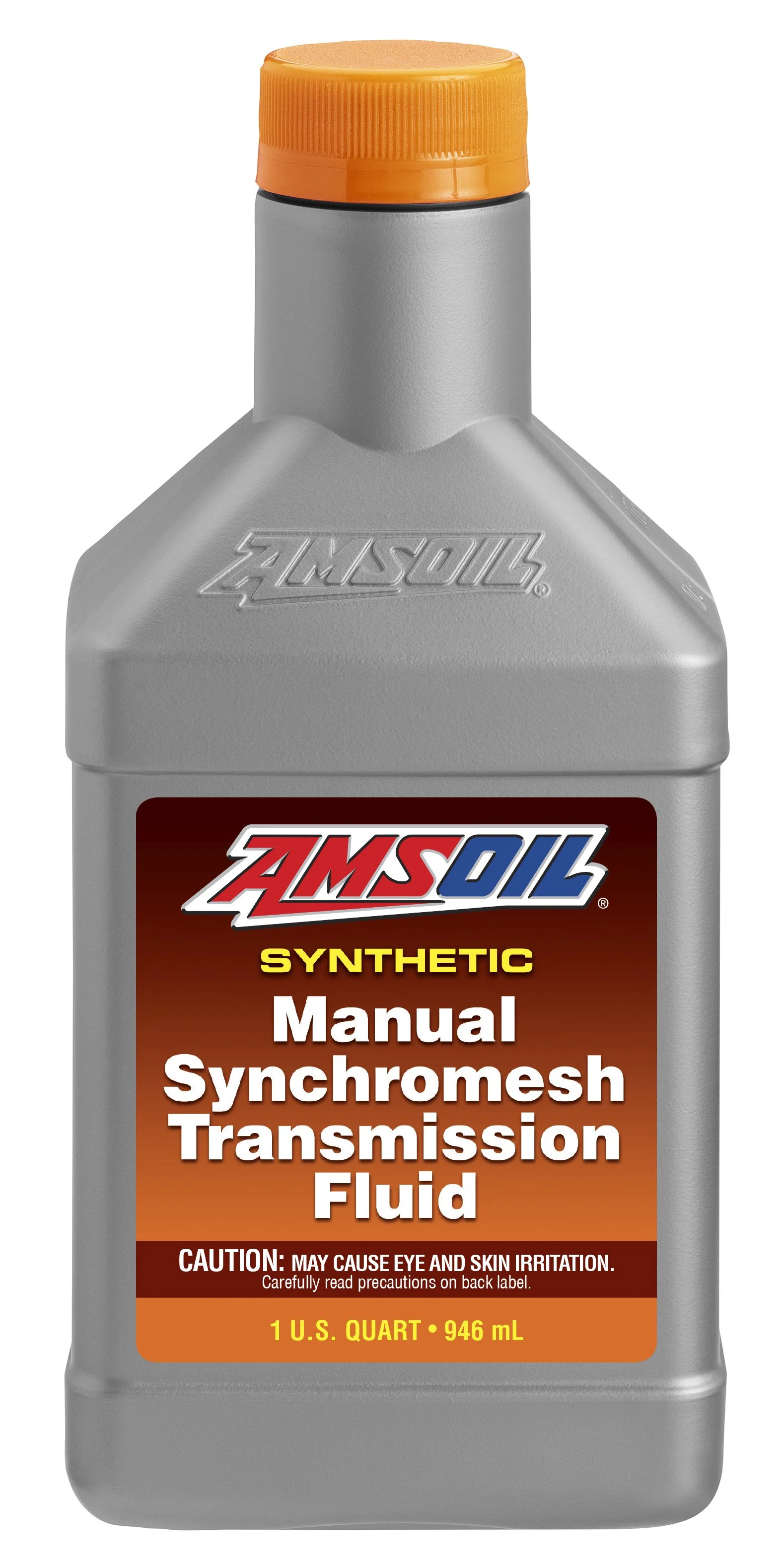 A grey plastic bottle of AMSOIL synthetic manual transomesh transmission fluid with an orange cap and a label indicating its contents and cautions.