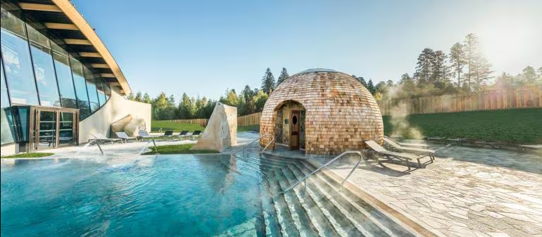 Piscine extérieure avec une cabane en forme de dôme en bois, entourée d'un spa et de chaises longues, dans un environnement naturel avec des arbres et un ciel ensoleillé.