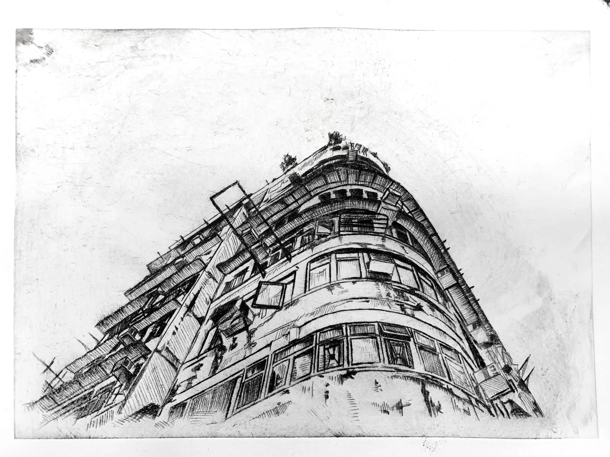 Black and white sketch of a multi-story building with rounded corners and multiple balconies, viewed from below.