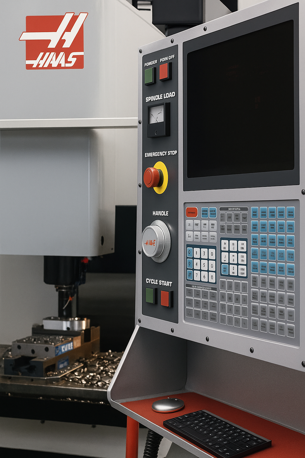 Close-up of a CNC machine control panel with various buttons, a large screen, and emergency stop button, with the Haas logo visible on the machine.