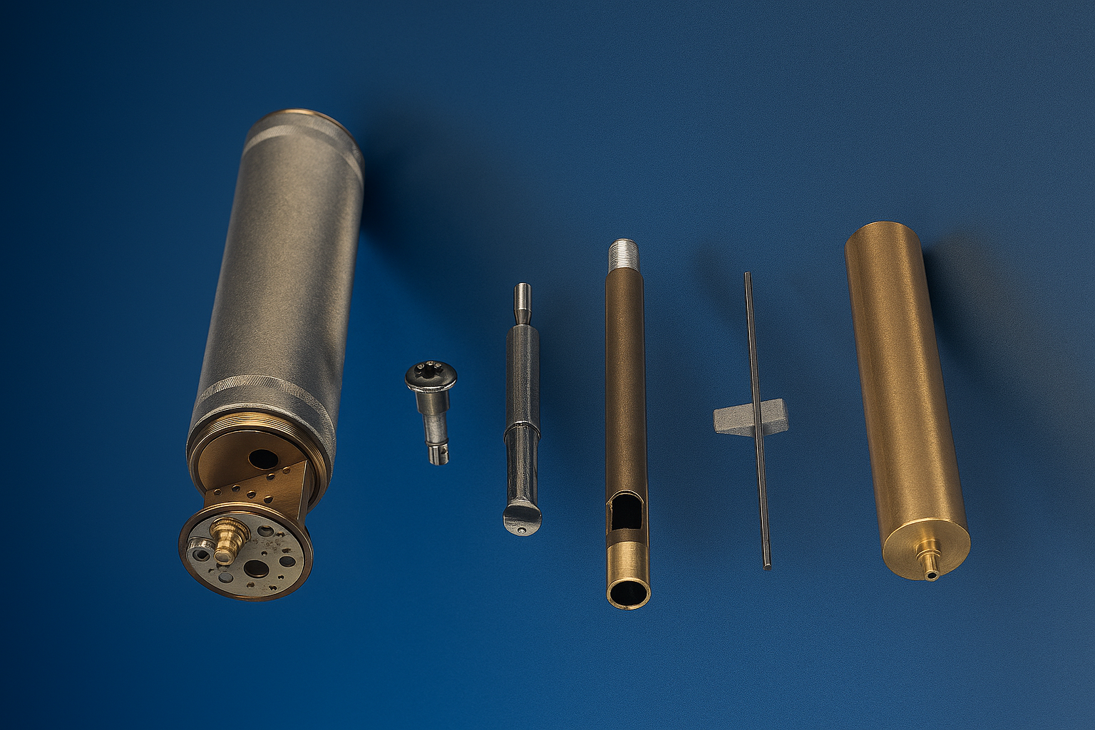 Disassembled firearms parts including a cylindrical metal tube, two small metal screws, a metal pin with a black head, a brass tube, a thin metal rod with a small weight, and another brass tube, all arranged on a blue background.