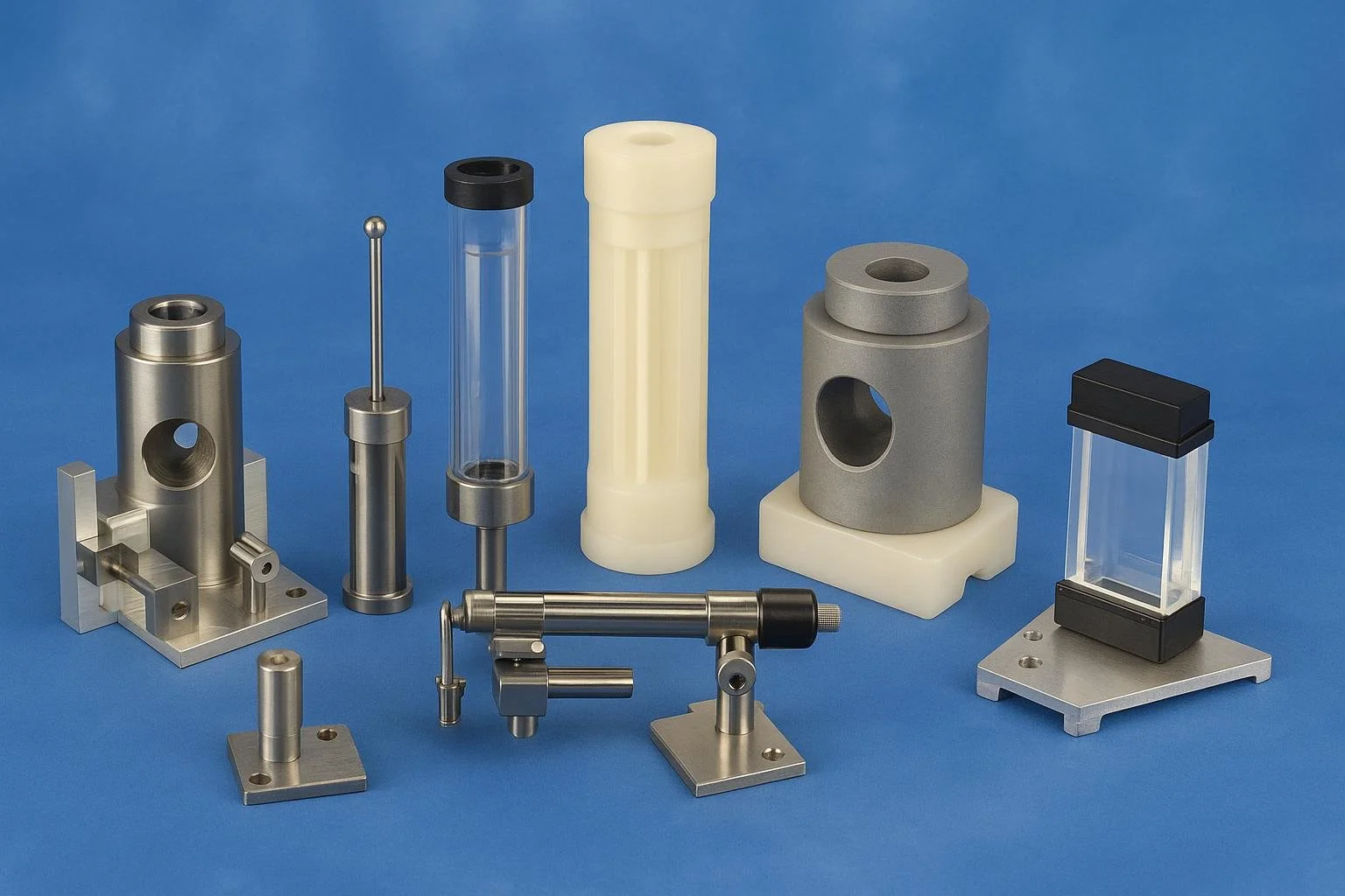 Various precision mechanical parts including cylinders, rods, and mounts arranged on a blue background.