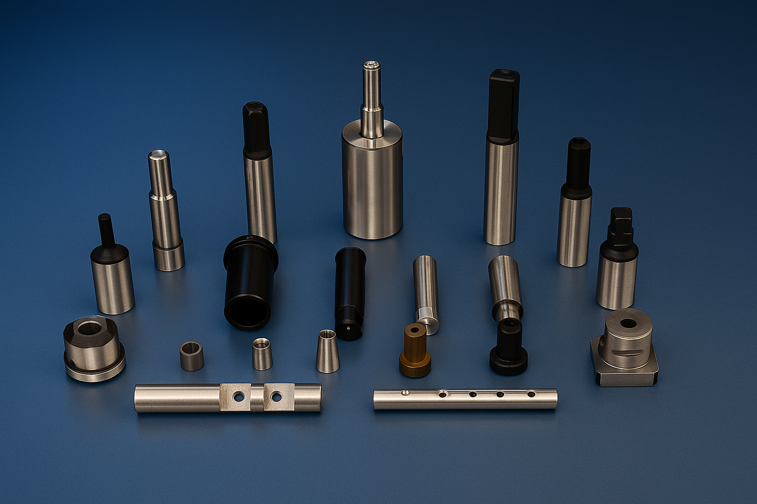 Arrangement of metallic and black mechanical precision parts on blue background.