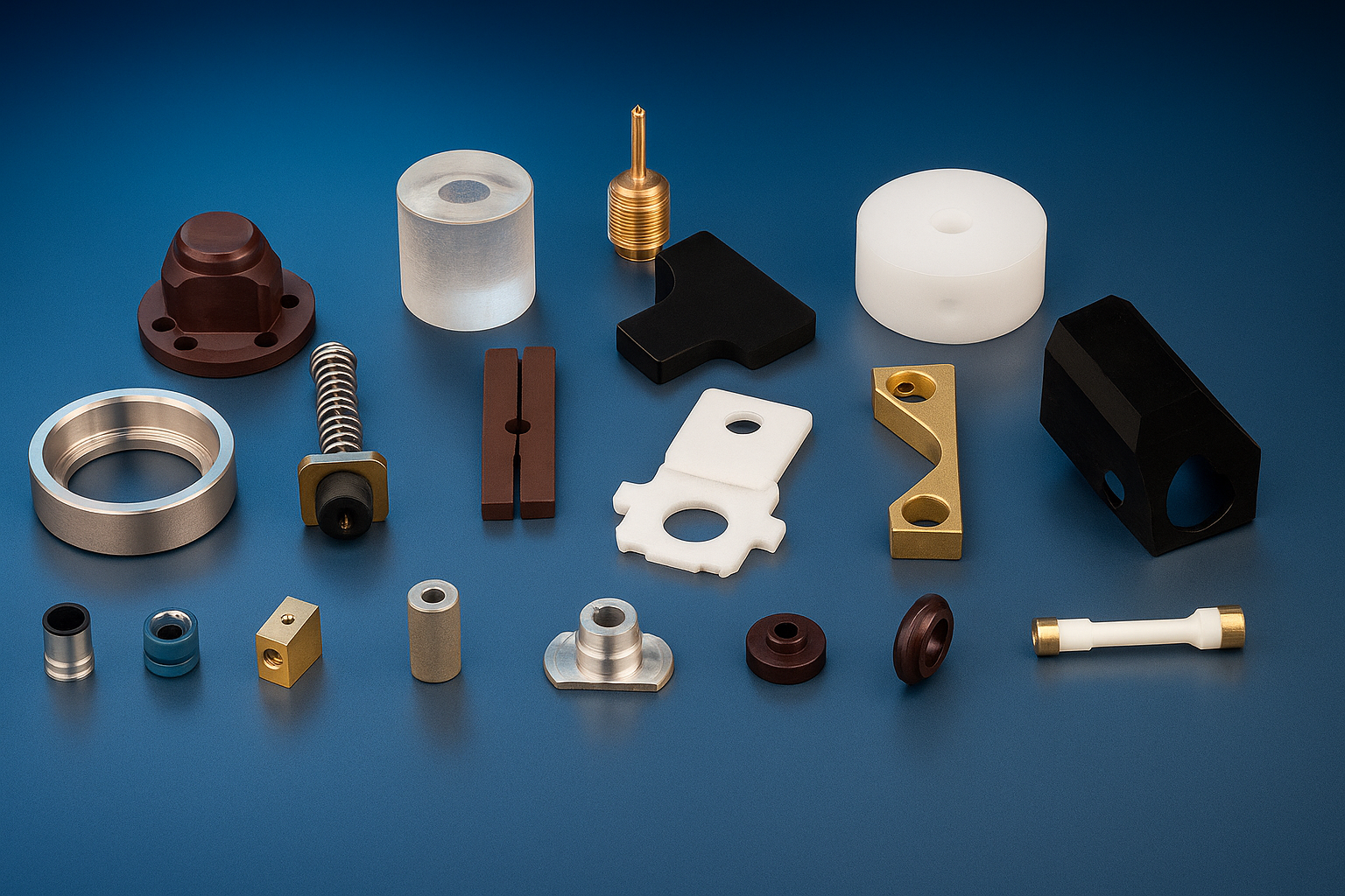 Various small mechanical parts including metal, plastic, and rubber components arranged on a blue background.
