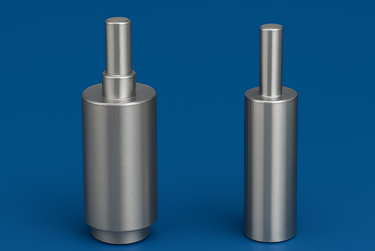 Two metallic cylindrical objects on a blue background, one slightly larger and with a wider top, possibly camera lenses or precision tools.