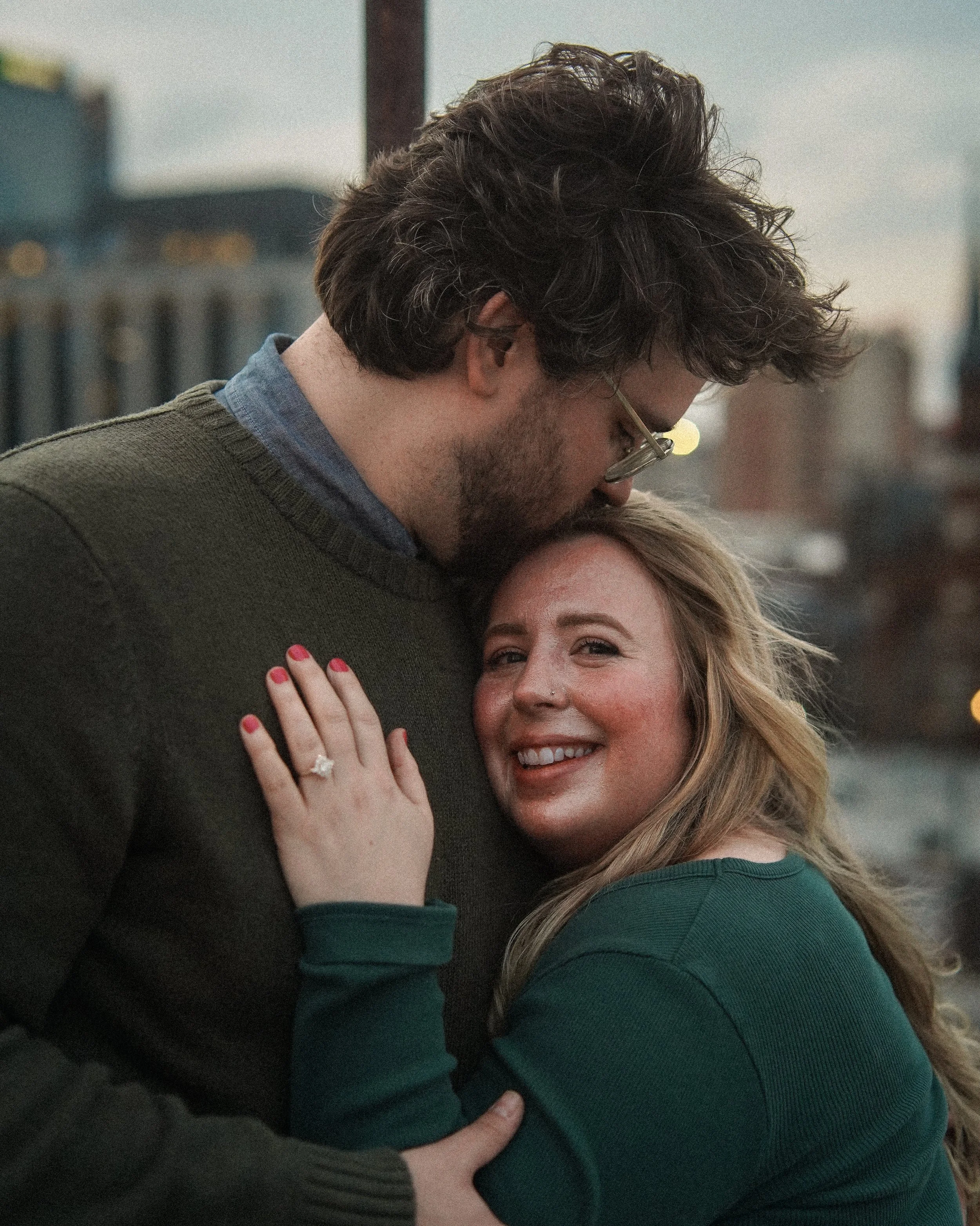 Romantic engagement shoot at sunset in the city in Alabama