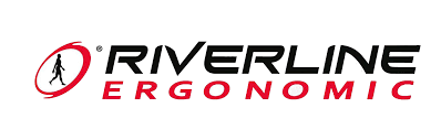Logotipo de Riverline Ergonomic, con texto en negro y rojo, y un icono de una persona caminando en un círculo rojo.