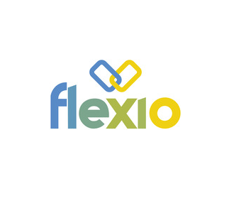 Logotipo con dos corazones entrelazados y la palabra 'flexio' en letras color azul, verde y amarillo.