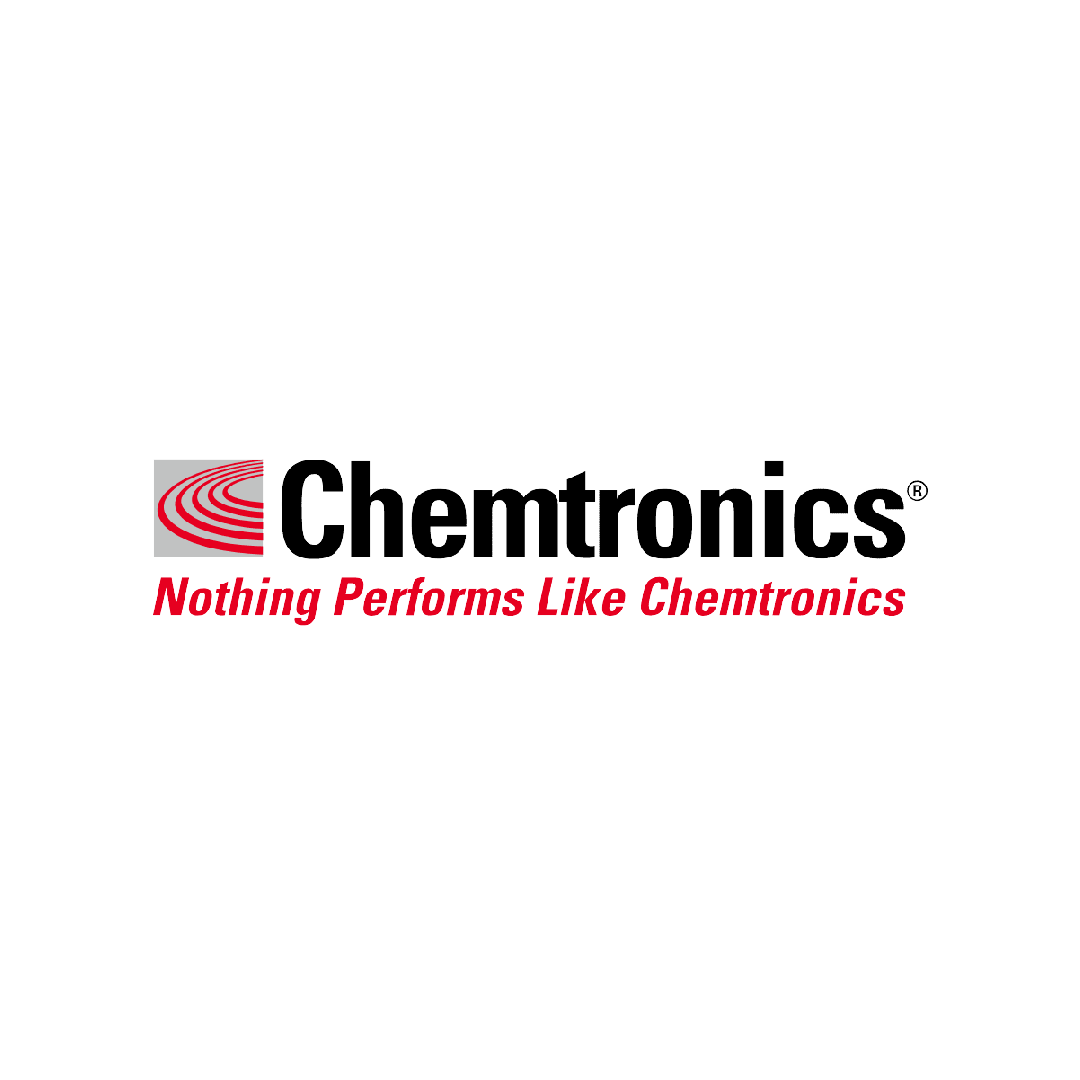 Logotipo de Chemtronics con letras negras y eslogan en rojo 'Nothing Performs Like Chemtronics'.