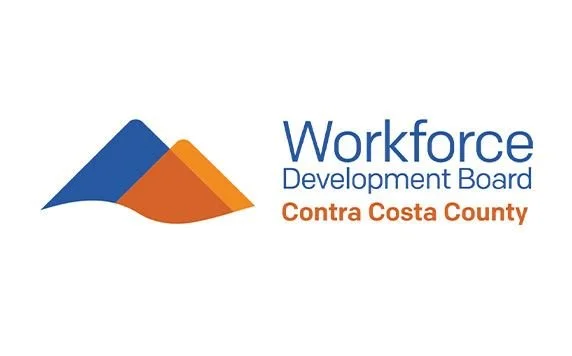 Logo of Workforce Development Board Contra Costa County with stylized mountain design in blue and orange.