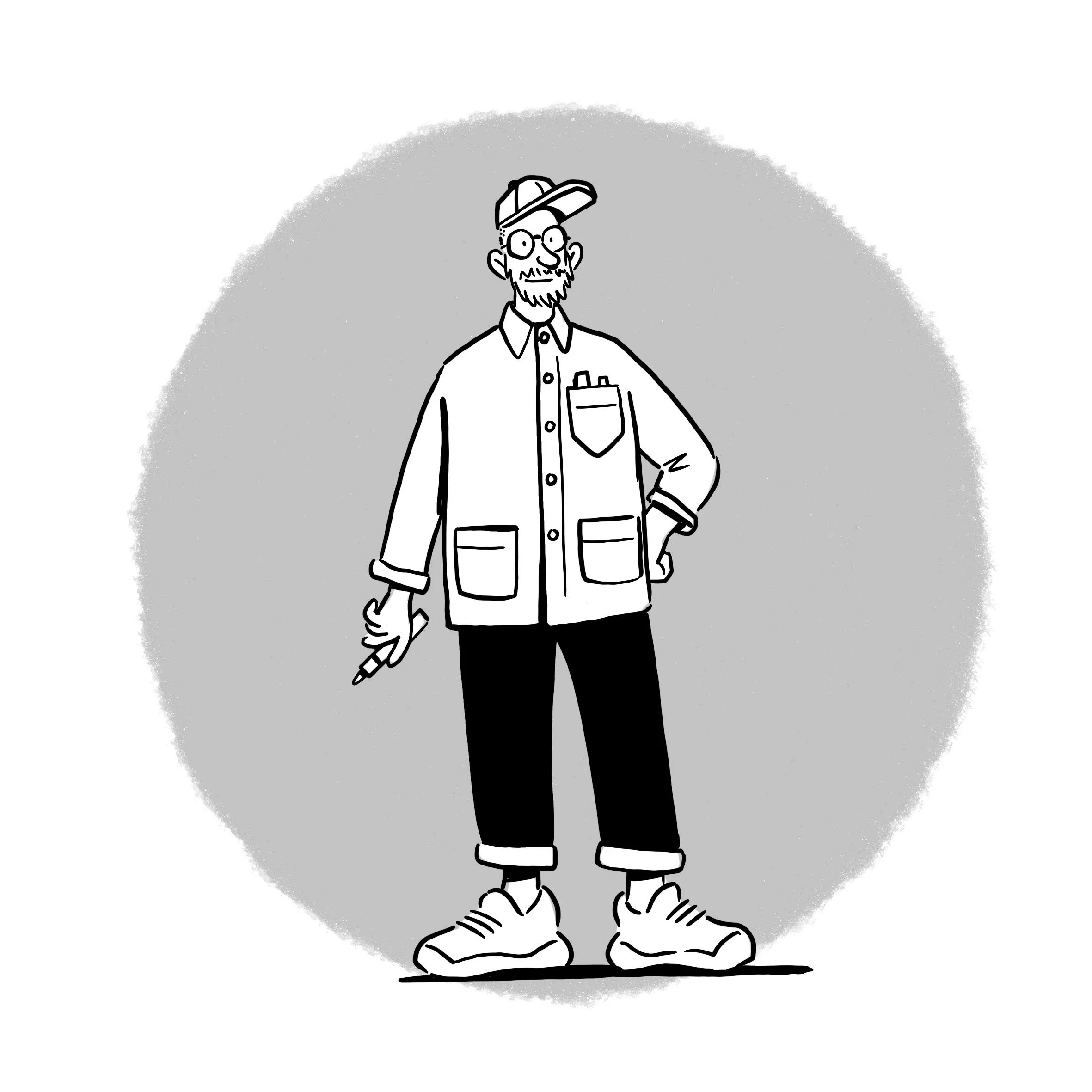 A black-and-white cartoon illustration of a man wearing glasses, a cap, a shirt with pockets, rolled-up pants, sneakers, and holding a pen.