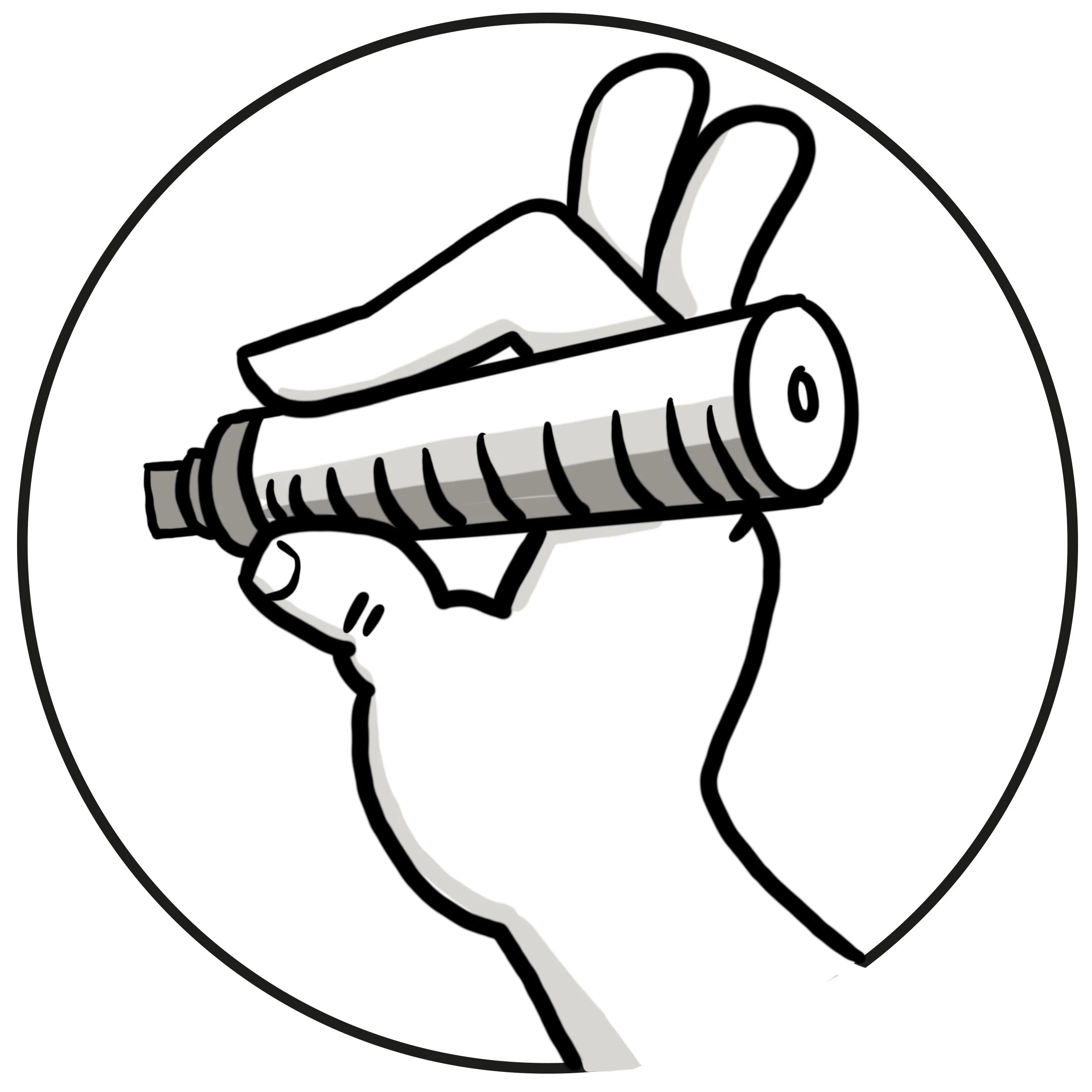 Drawing of a hand holding a handgun.