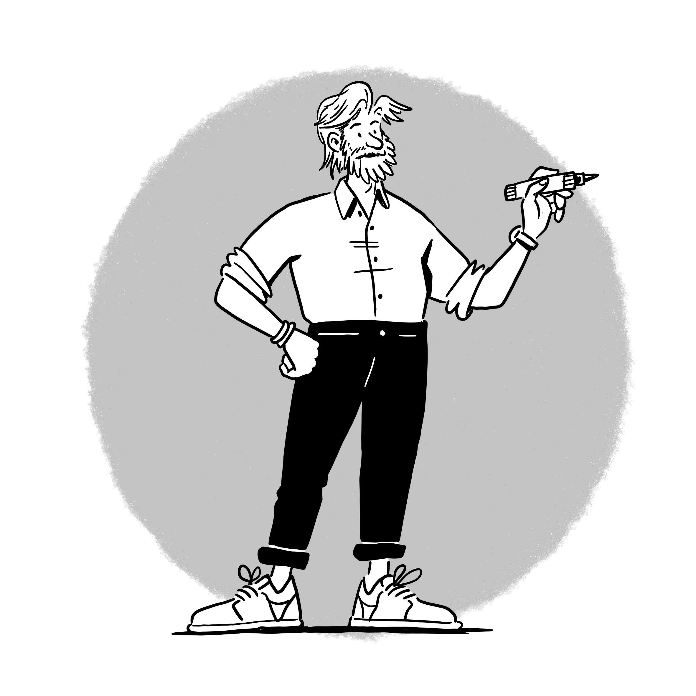 Black and white illustration of a man with a beard and mustache, wearing a partially rolled-up long sleeve shirt, pants, and sneakers, holding a marker in his right hand, standing with one hand on his hip against a grey circular background.