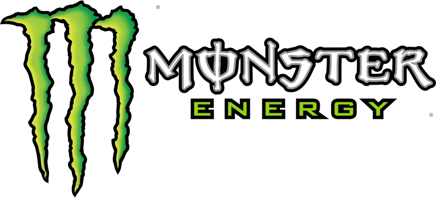 Logo for Monster Energy with a black background, featuring a large green claw mark and the words 'Monster Energy' in stylized text.