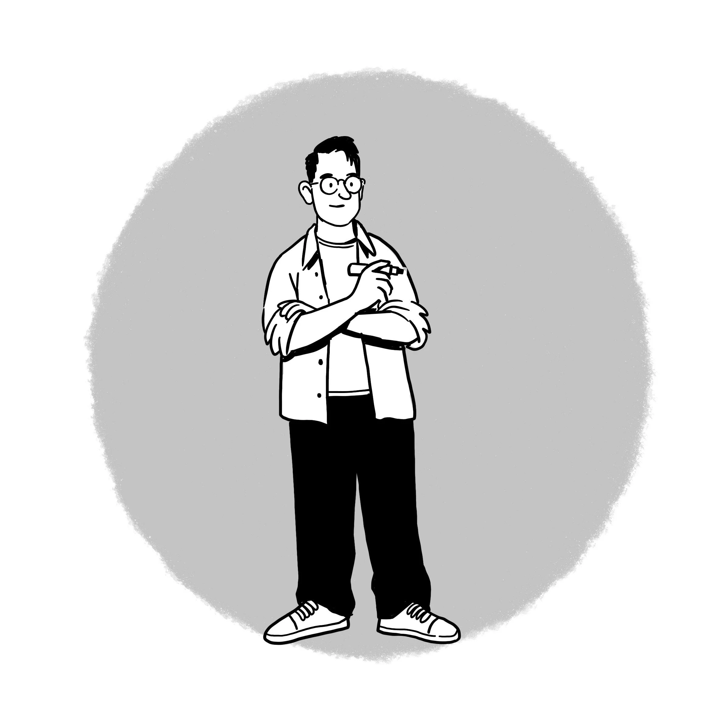 Black-and-white cartoon of a young man with glasses, short dark hair, wearing a casual shirt, pants, and sneakers, standing with arms crossed and holding a sketch pen, against a gray round background.