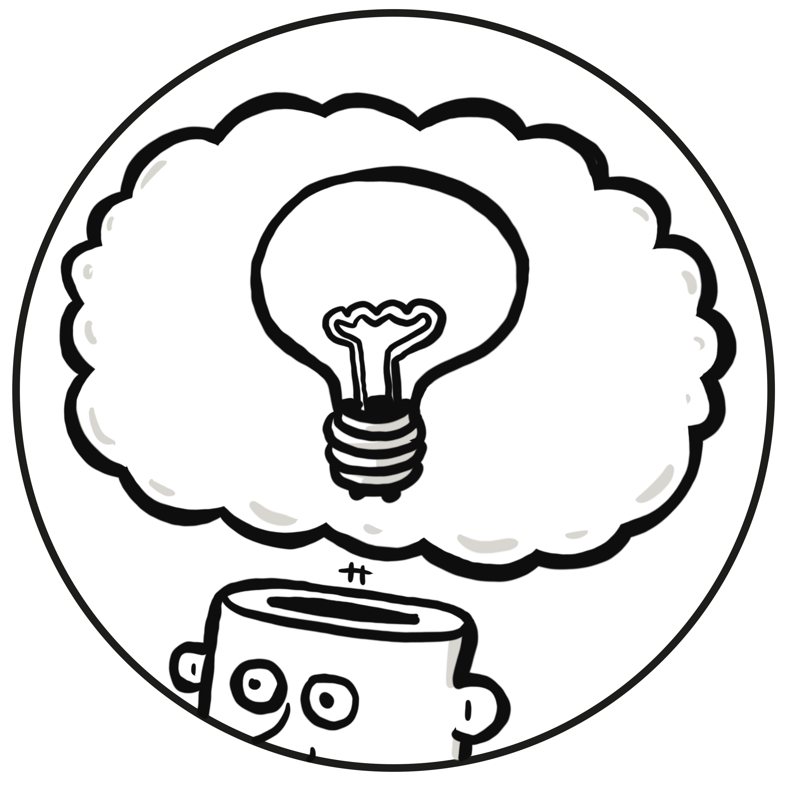 A cartoon drawing of a light bulb inside a cloud, emerging from a coffee mug with buttons, symbolizing a bright idea or inspiration.