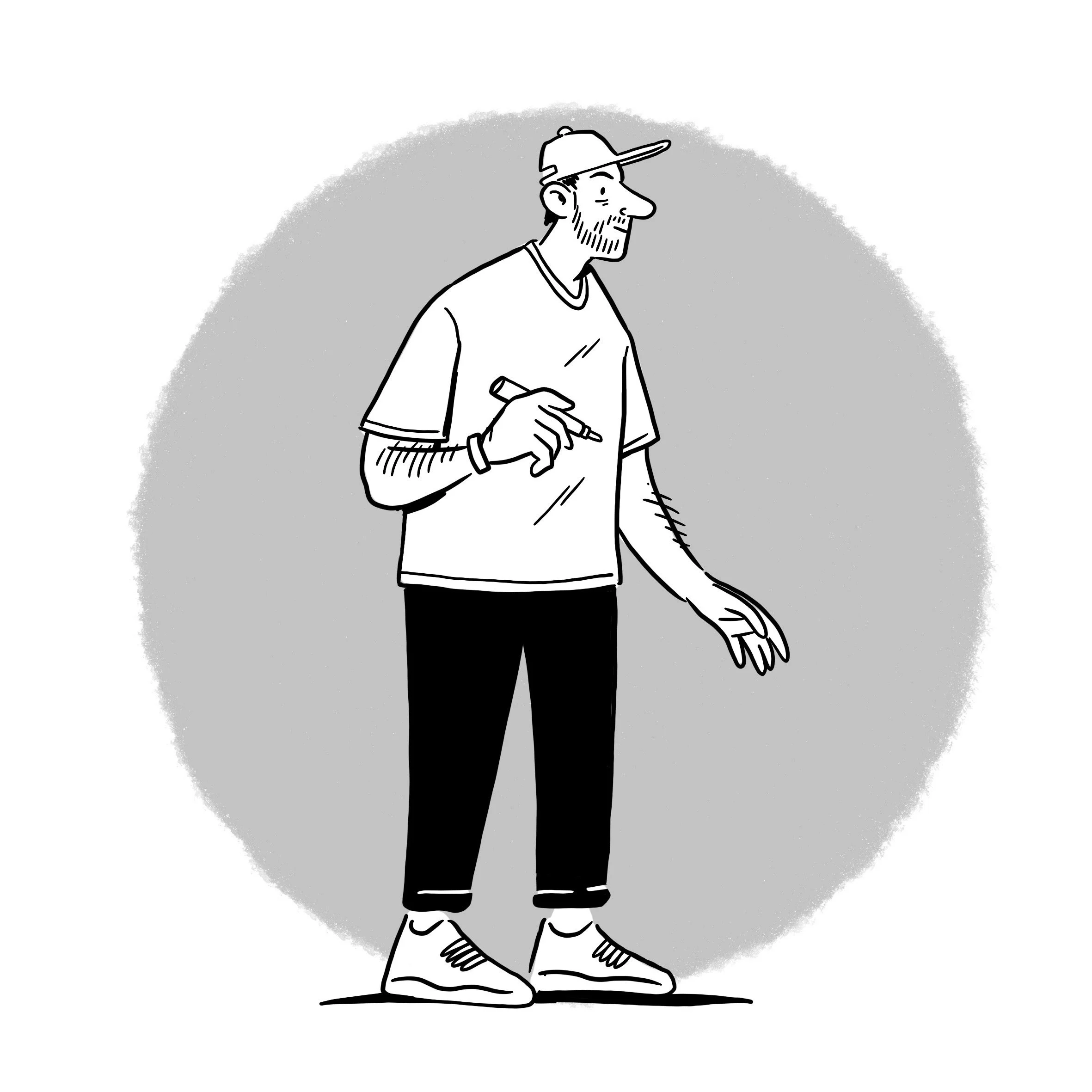 Black and white illustration of a casually dressed man holding a marker, wearing a baseball cap, t-shirt, sweatpants, and sneakers, standing against a gray circular background.