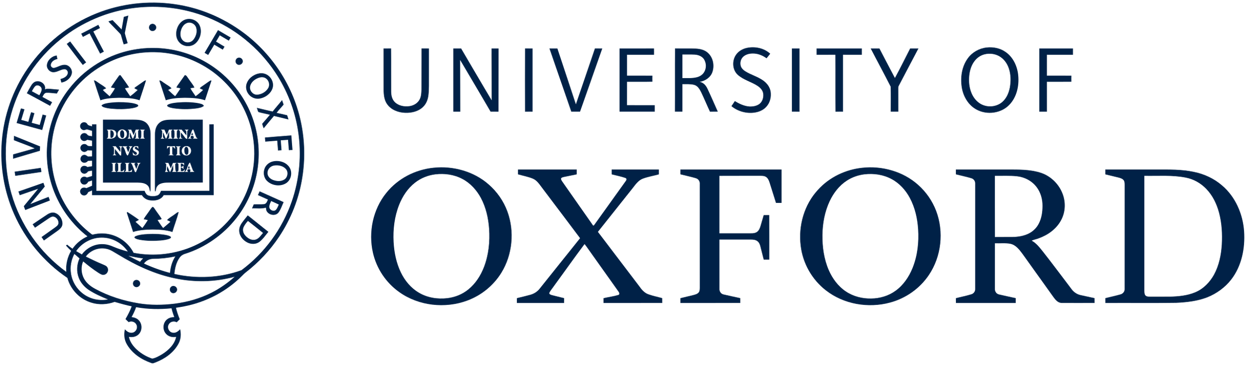 The logo of the University of Oxford, featuring a shield with crowns, an open book with Latin text, and a seal with the university's name encircling it.