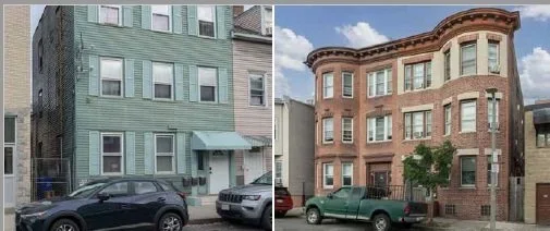 Side-by-side images of two multi-story residential buildings with cars parked in front.