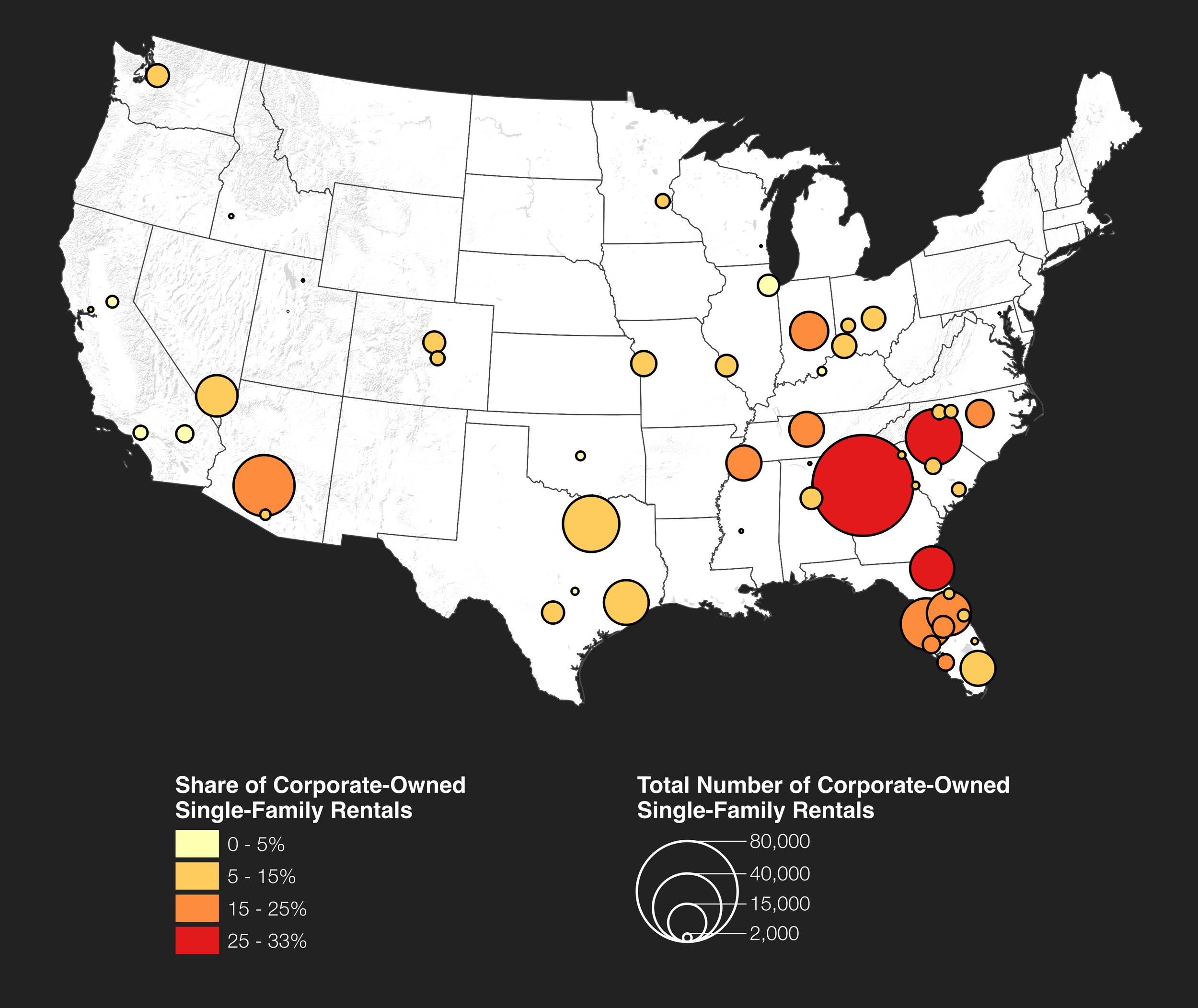 A map that shows concentrations of single-family-rentals owned by corporations. The largest concentration is in Atlanta, Georgia.