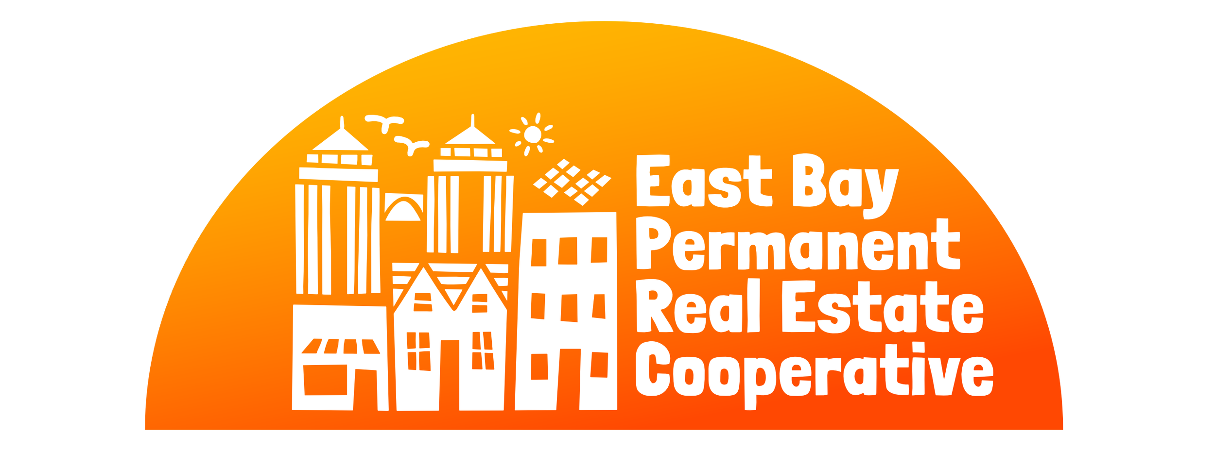 Logo for East Bay Permanent Real Estate Cooperative featuring stylized white buildings, bridges, and sun on an orange gradient background with white bold text.