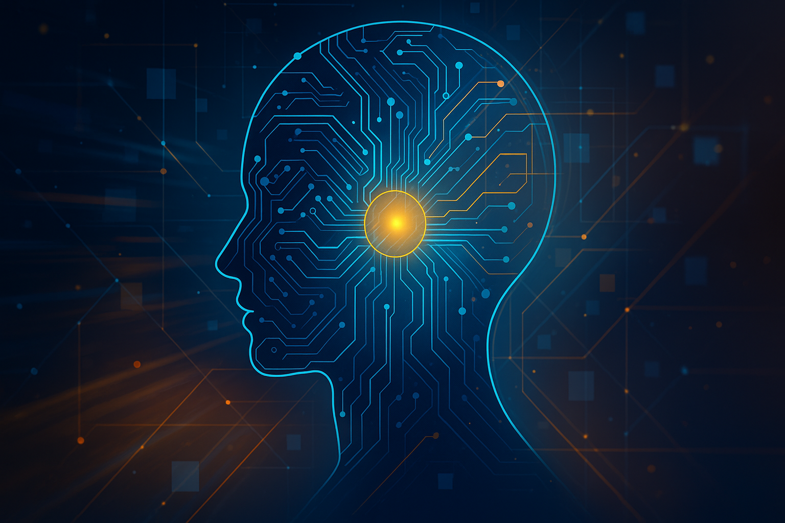 Digital illustration of a human head in profile with a circuit board pattern and a glowing dot at the center of the forehead, representing artificial intelligence or technology. Representing Human-AI collaboration.