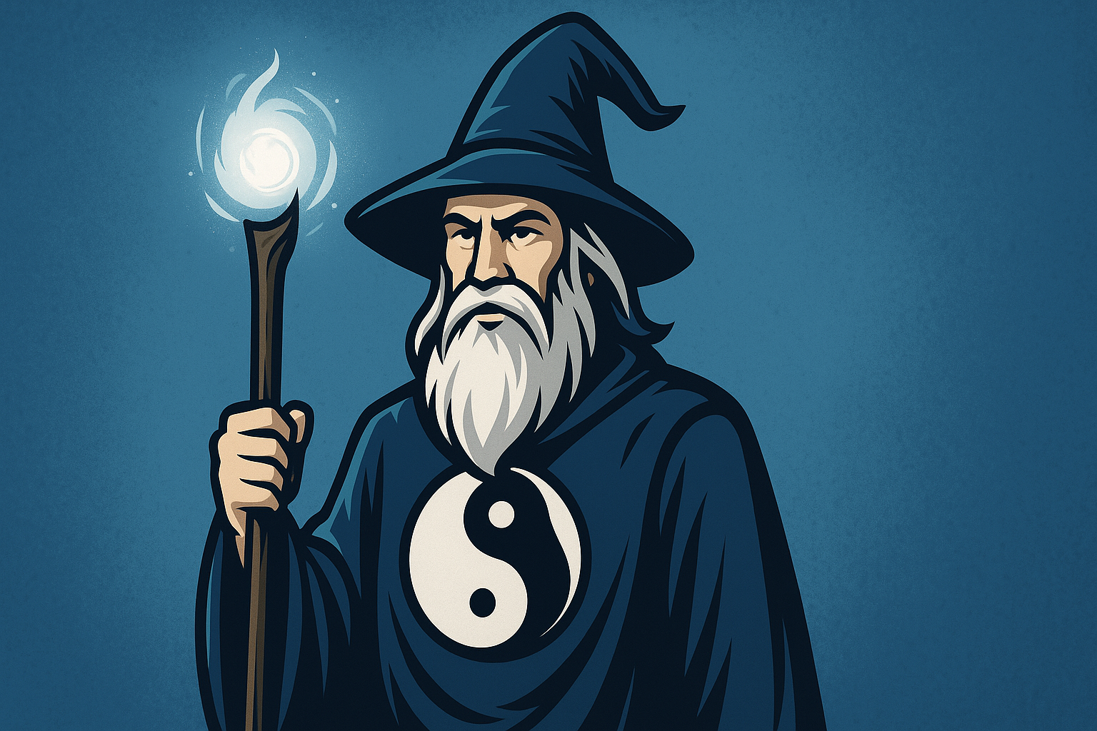 Wizard with a Yin/Yang on his chest holding a staff with light above it. This image is used for special reasons. Click it and find out what.