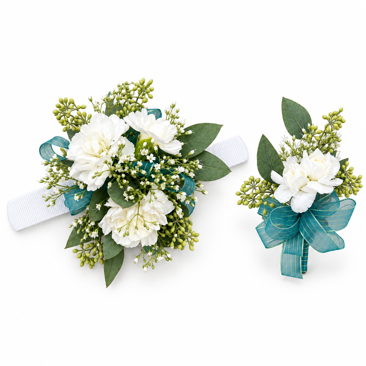 White and teal corsage and boutonniere.png