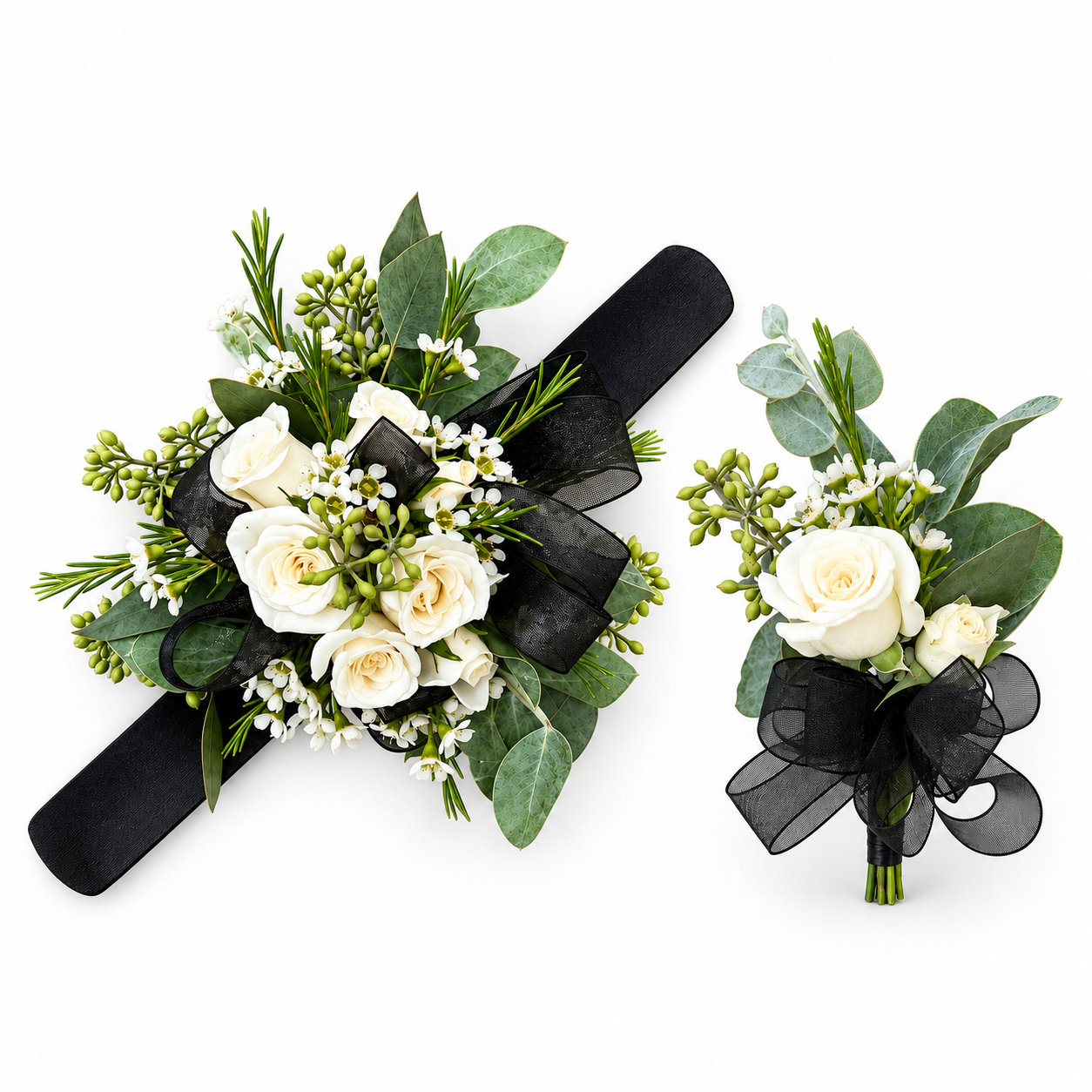 Black-and-white corsage and boutonniere.png