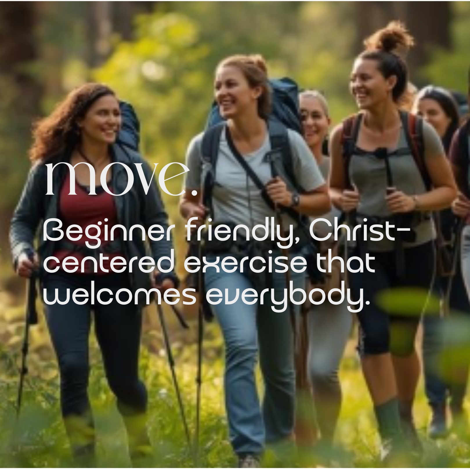 Group of women hiking outdoors in the woods with backpacks, smiling and enjoying the walk.
