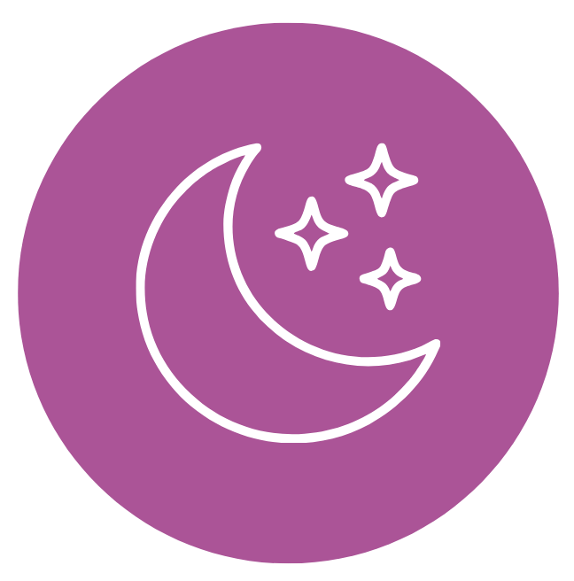 White crescent moon and four stars on a purple circular background.