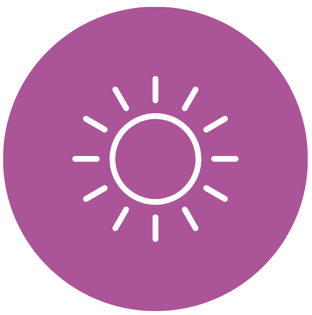 Icon of a sun with rays inside a purple circle.