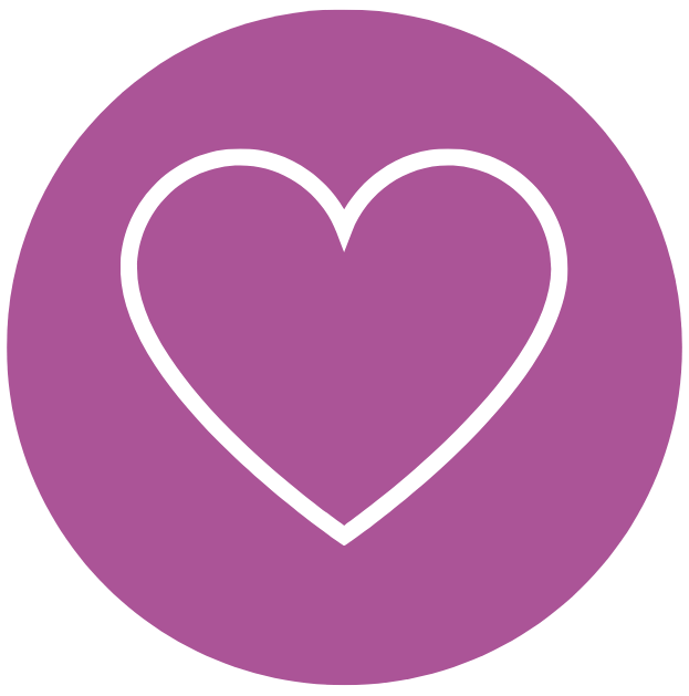 A white heart outline on a purple circular background.