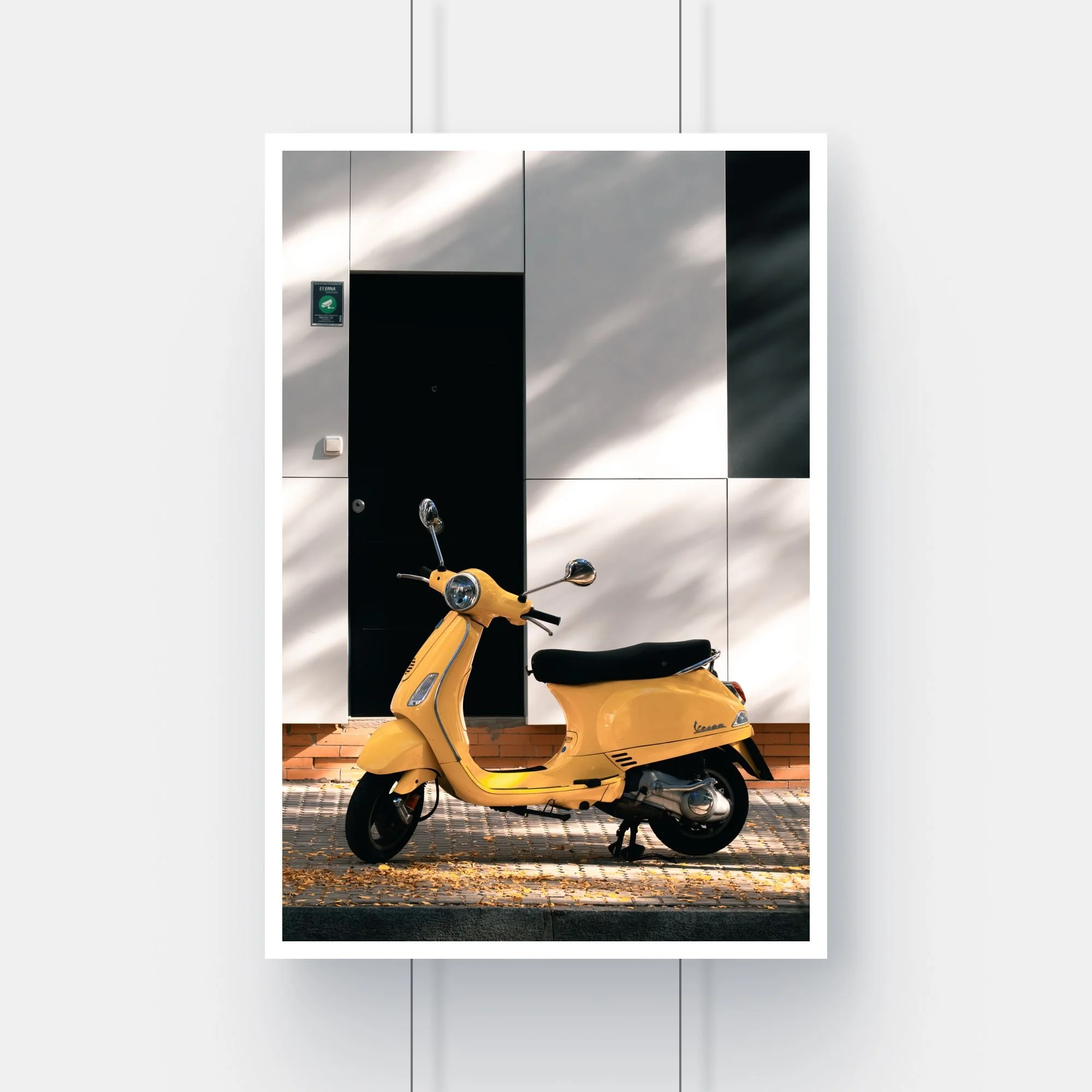 Limited edition street photography print of a Vespa scooter parked on a Seville street, Spain.