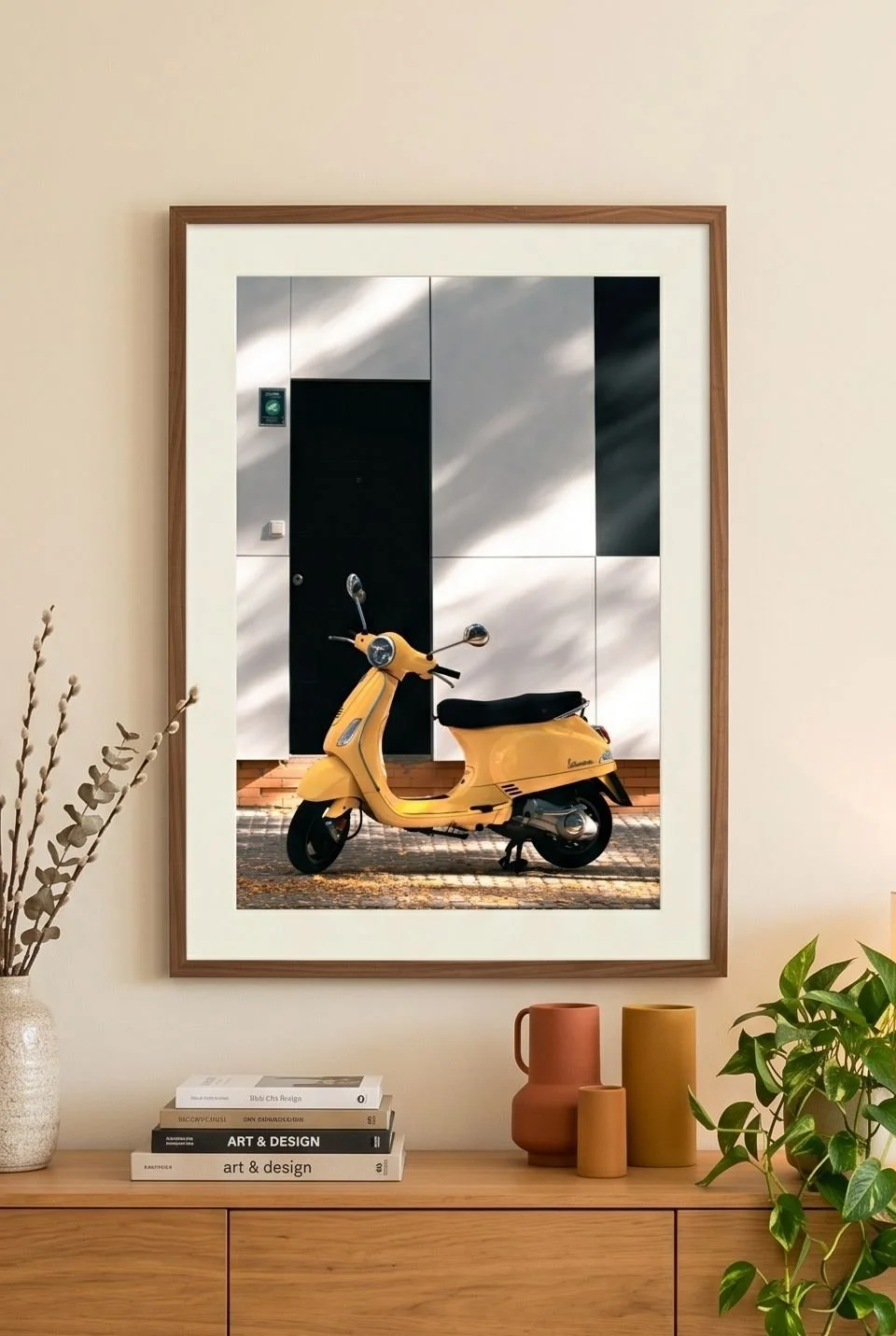 Pastel-yellow Vespa print in a bright room with mustard cushion styling.