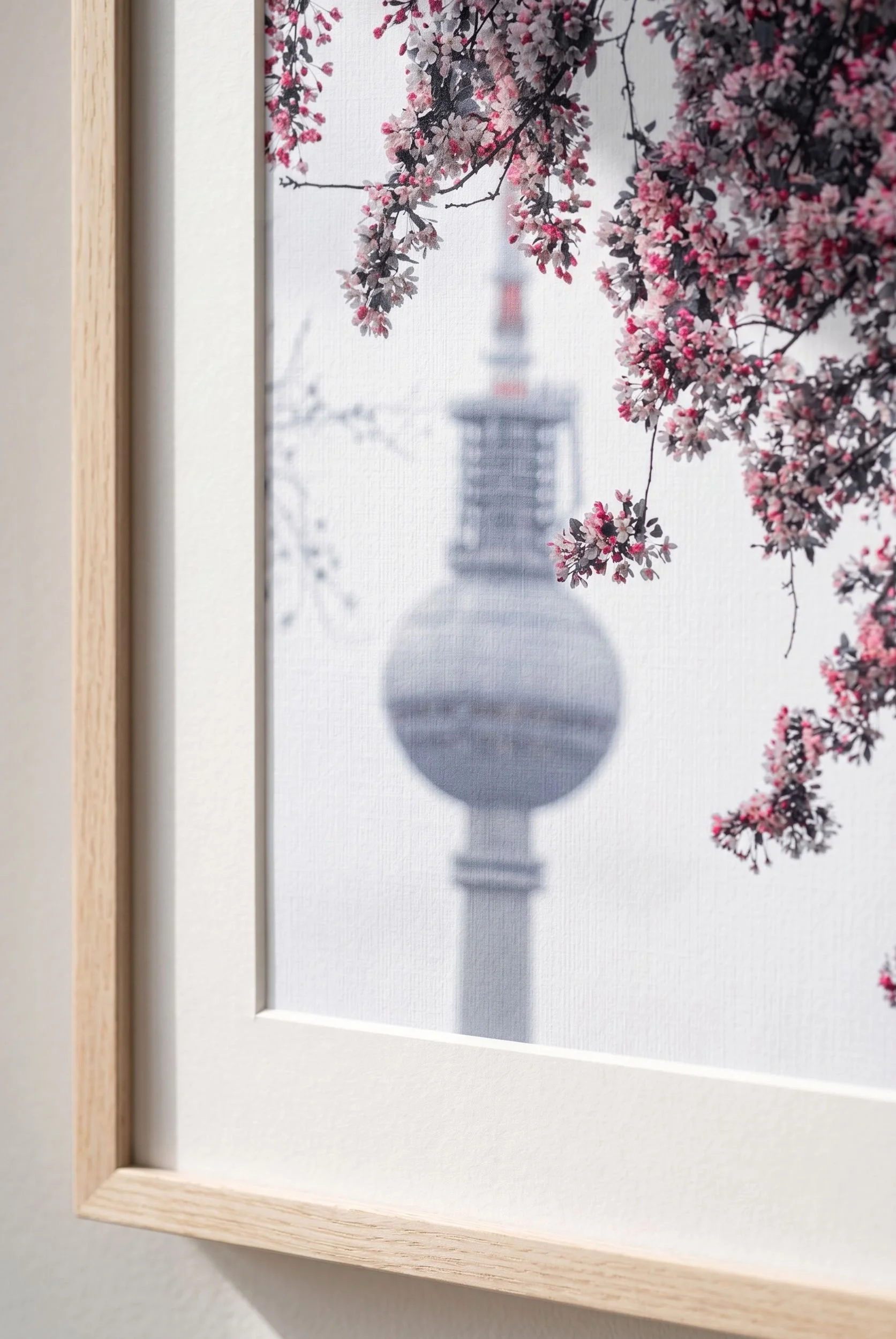 Close-up of pink cherry blossoms with the Berlin Fernsehturm soft in the background.