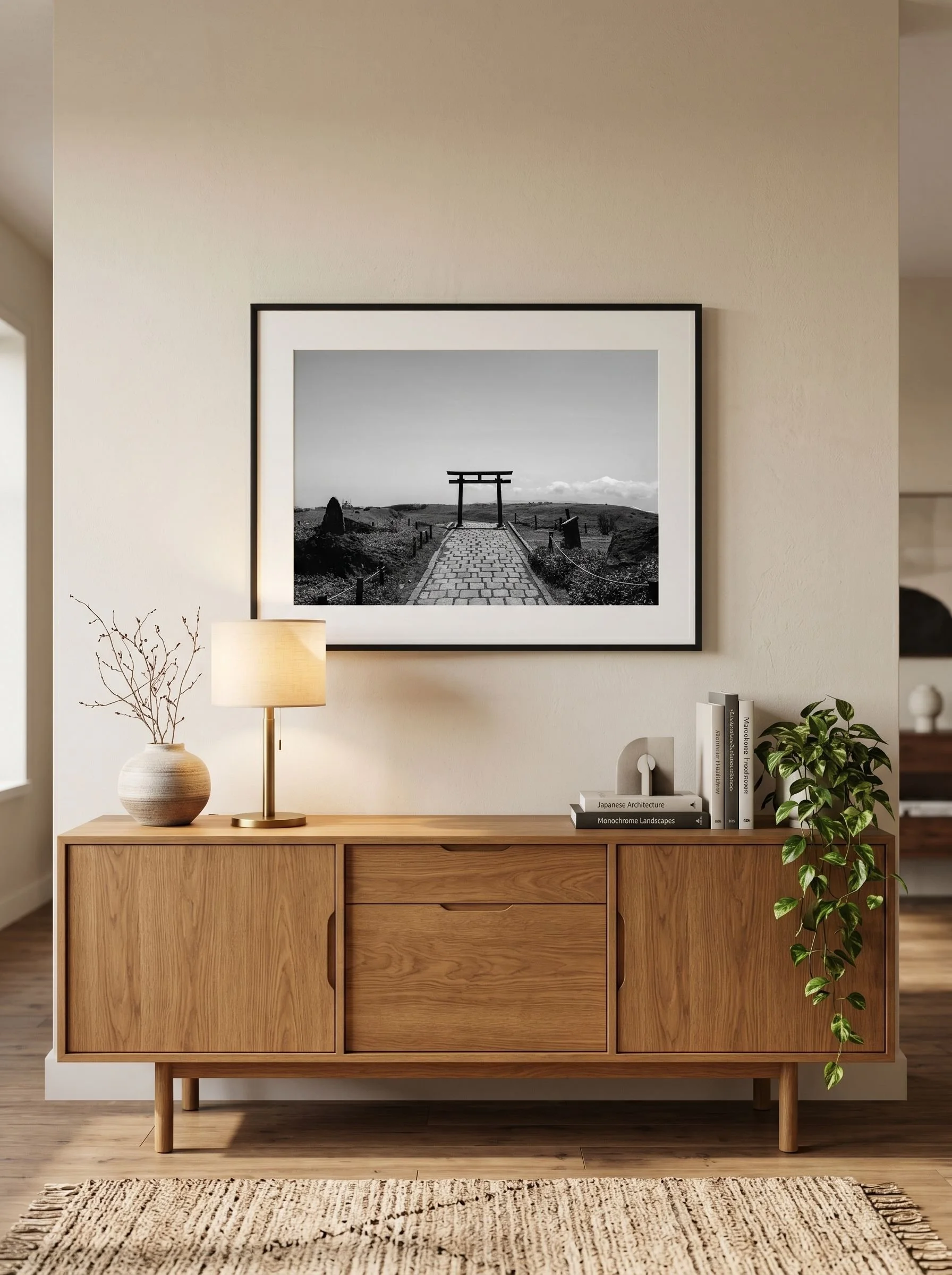 Black-and-white torii gate print on a terracotta wall above a mid-century console.