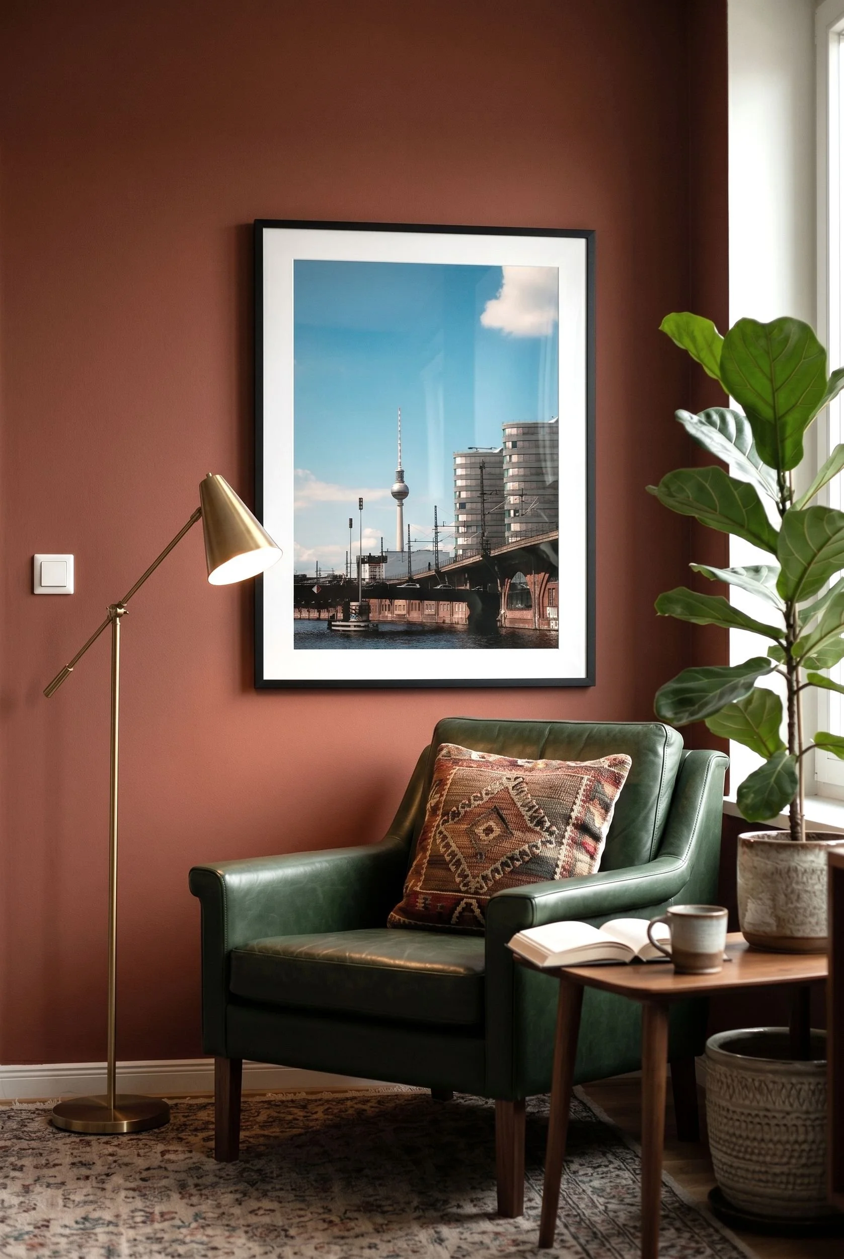 Berlin Fernsehturm over the Spree in a terracotta-walled room with warm styling.