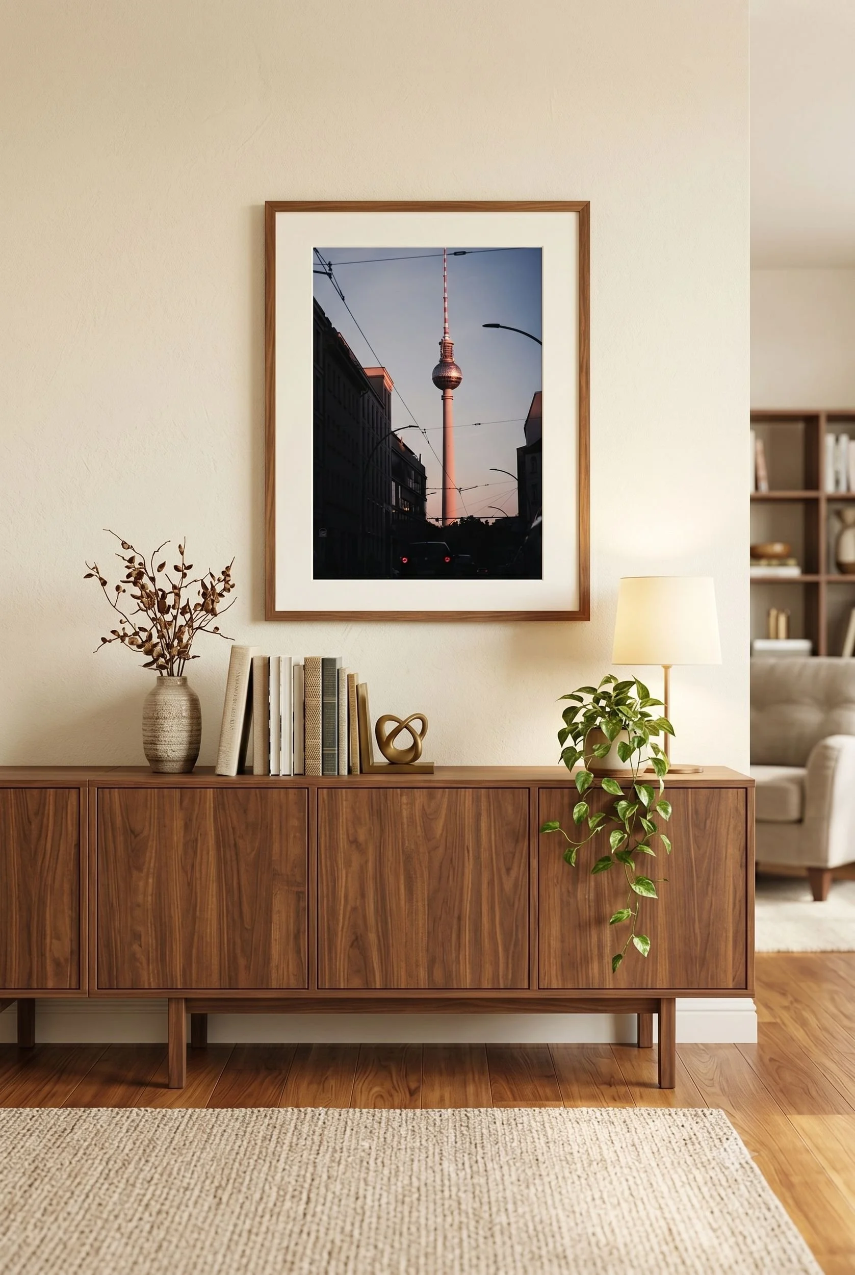 Fernsehturm print leaning against a pale wall with natural daylight.