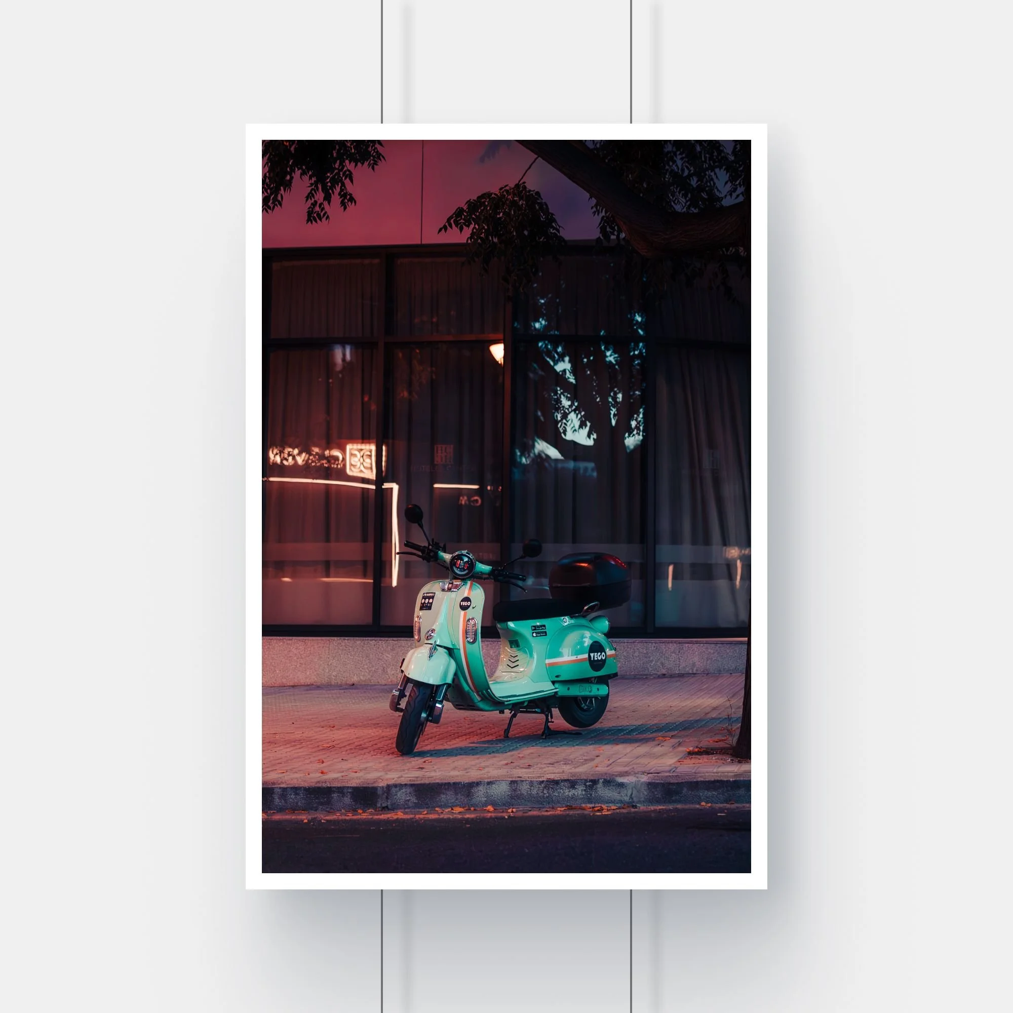 Limited edition street photography print of a turquoise Vespa scooter on a street in Seville, Spain.