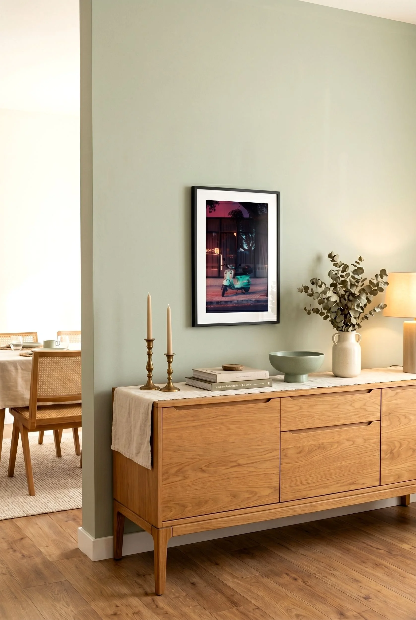 Turquoise Vespa print framed and leaning in an airy Seville-style room.