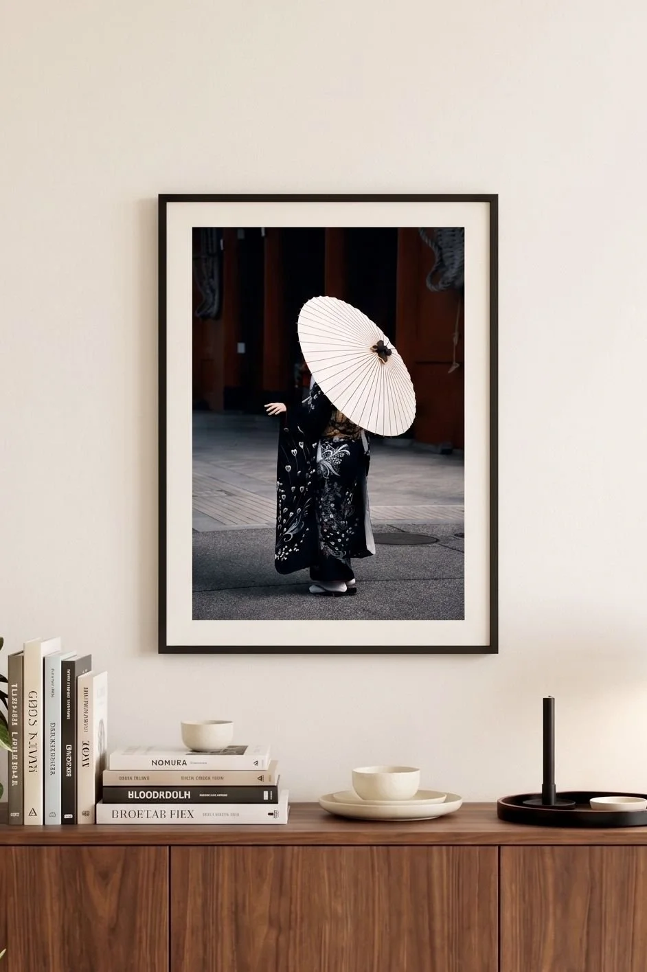 Asakusa wagasa print in a walnut frame on a warm wood-panelled wall.