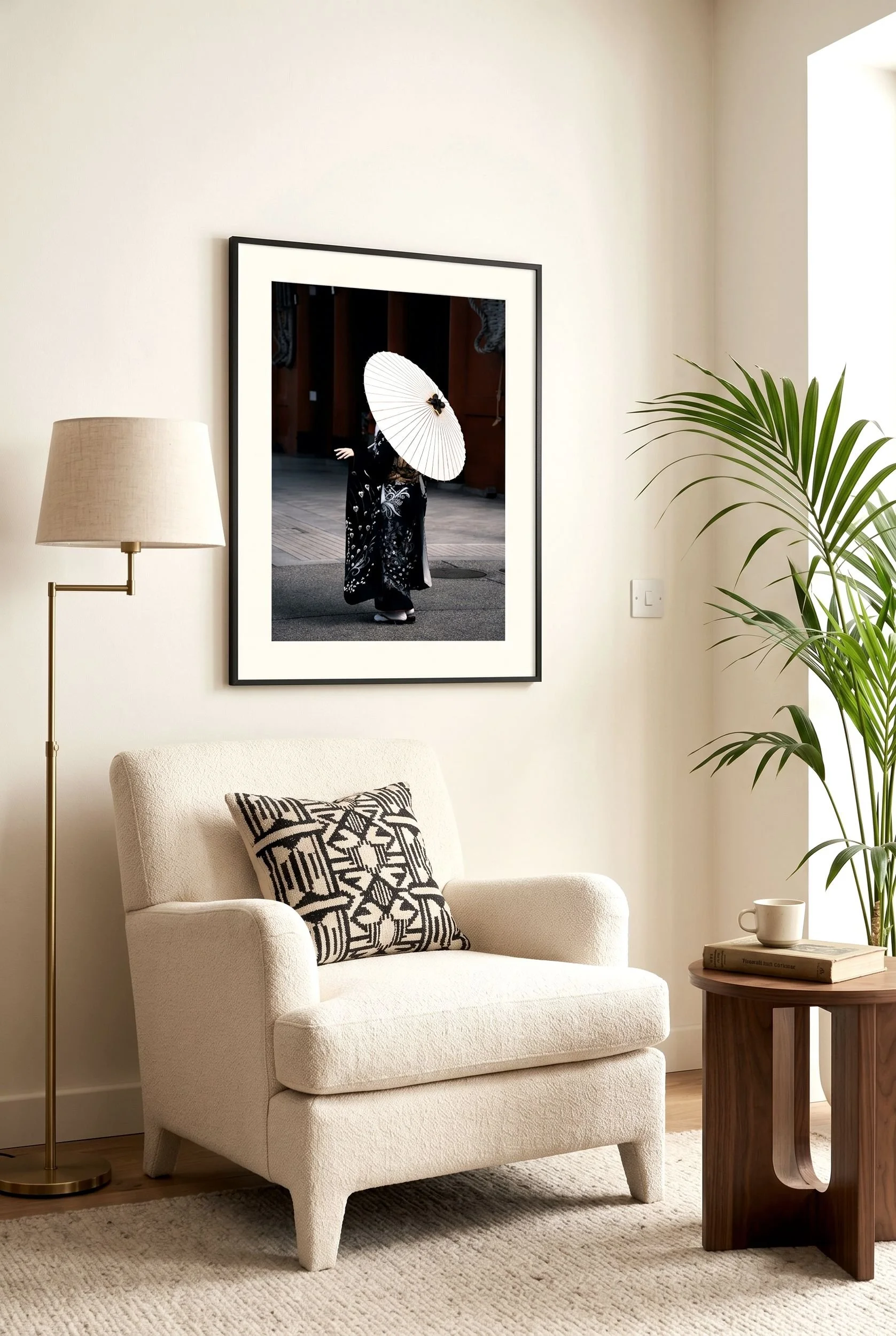 Black-and-white wagasa print framed above a sideboard in a Japandi room.