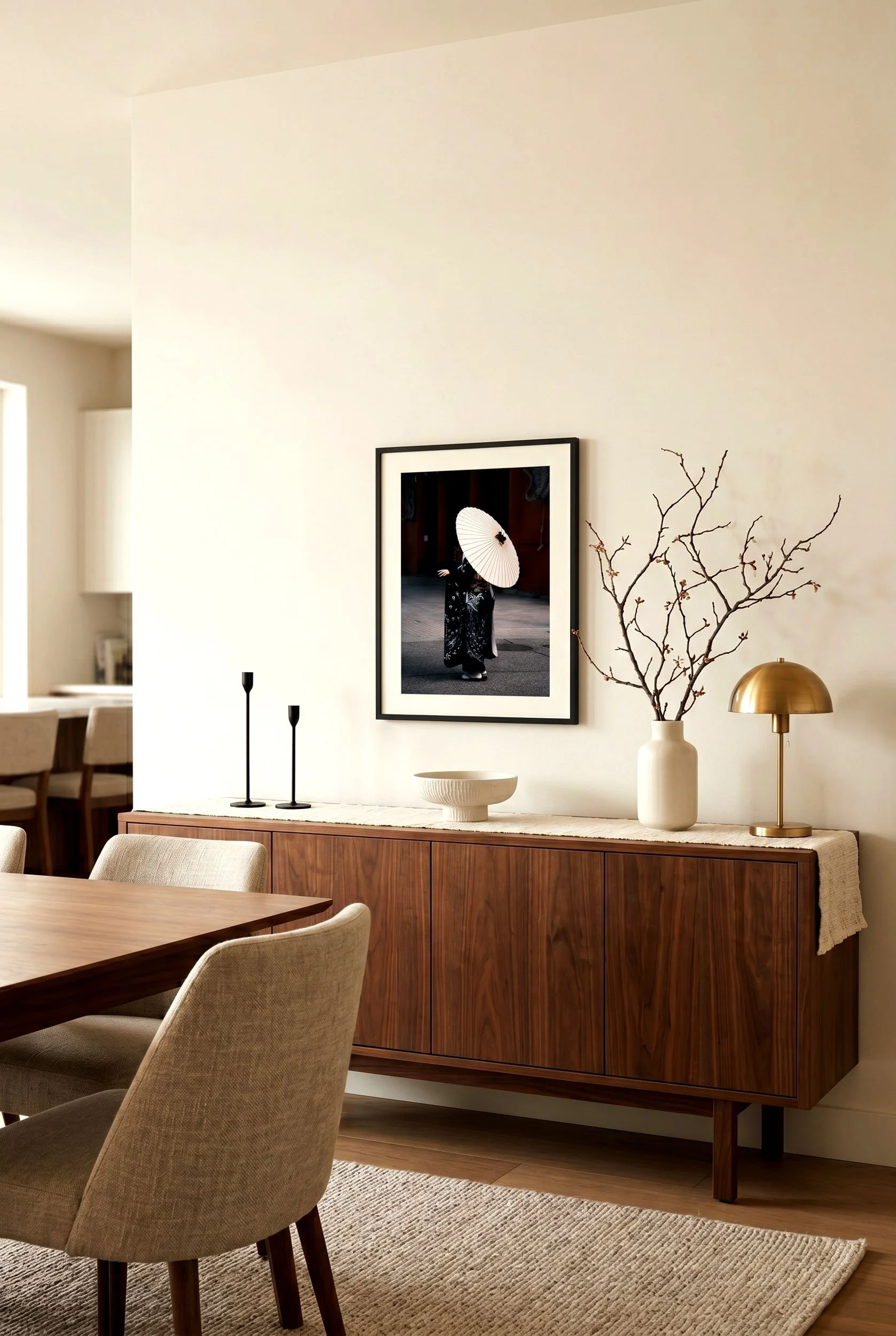 Kimono and wagasa print in a neutral-toned interior with warm wood.