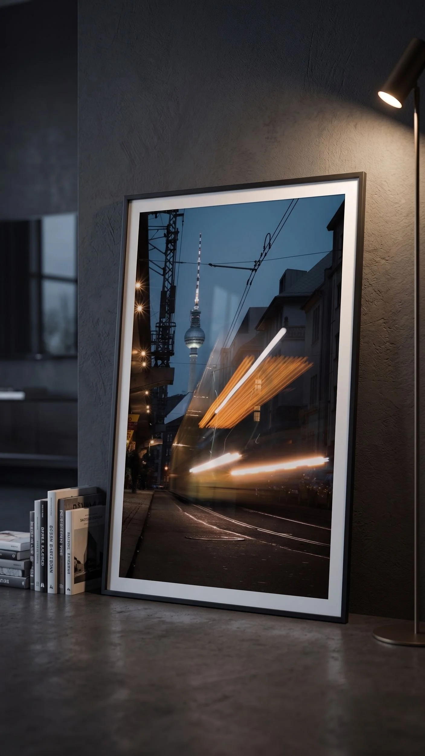 Night Fernsehturm long-exposure print in a dimly lit Scandinavian interior.
