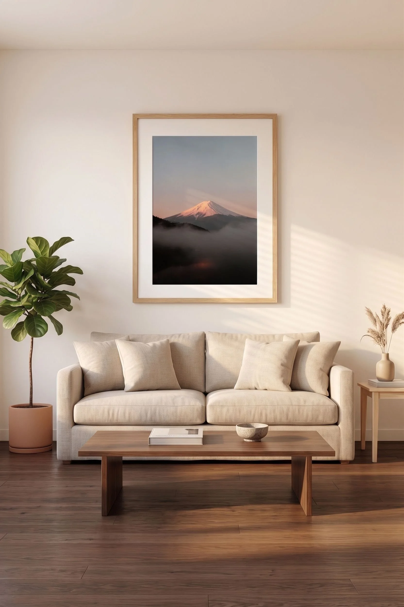 Framed Fuji at sunrise print on a warm credenza with soft side light.